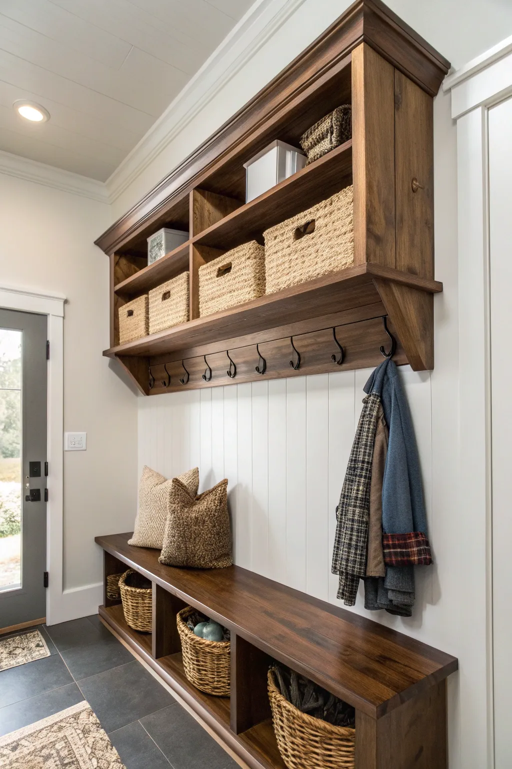 Elevate your mudroom with chic floating shelves that blend style and functionality.