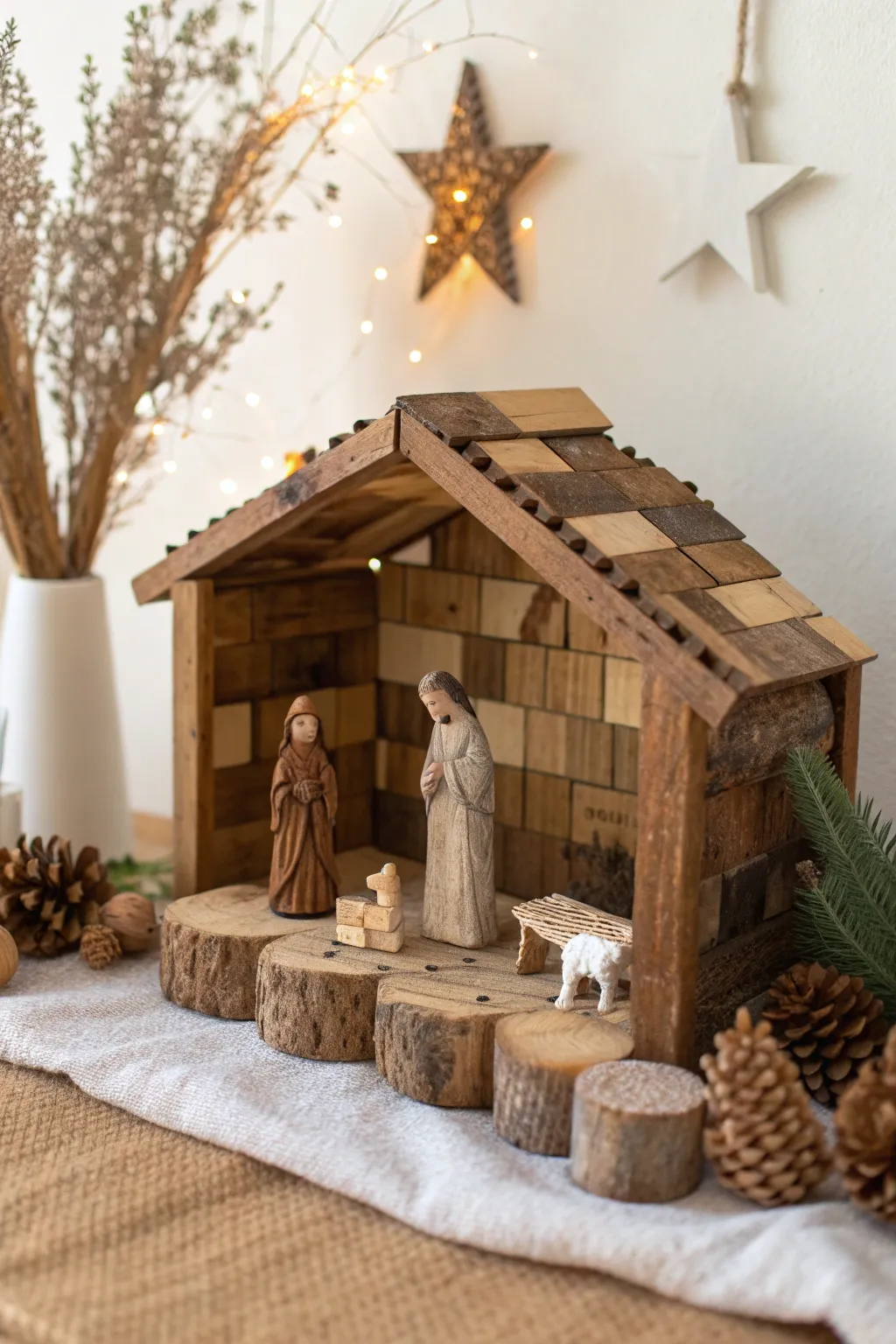 Embrace the warmth of the season with a rustic scrap wood nativity scene, where simplicity meets natural beauty.