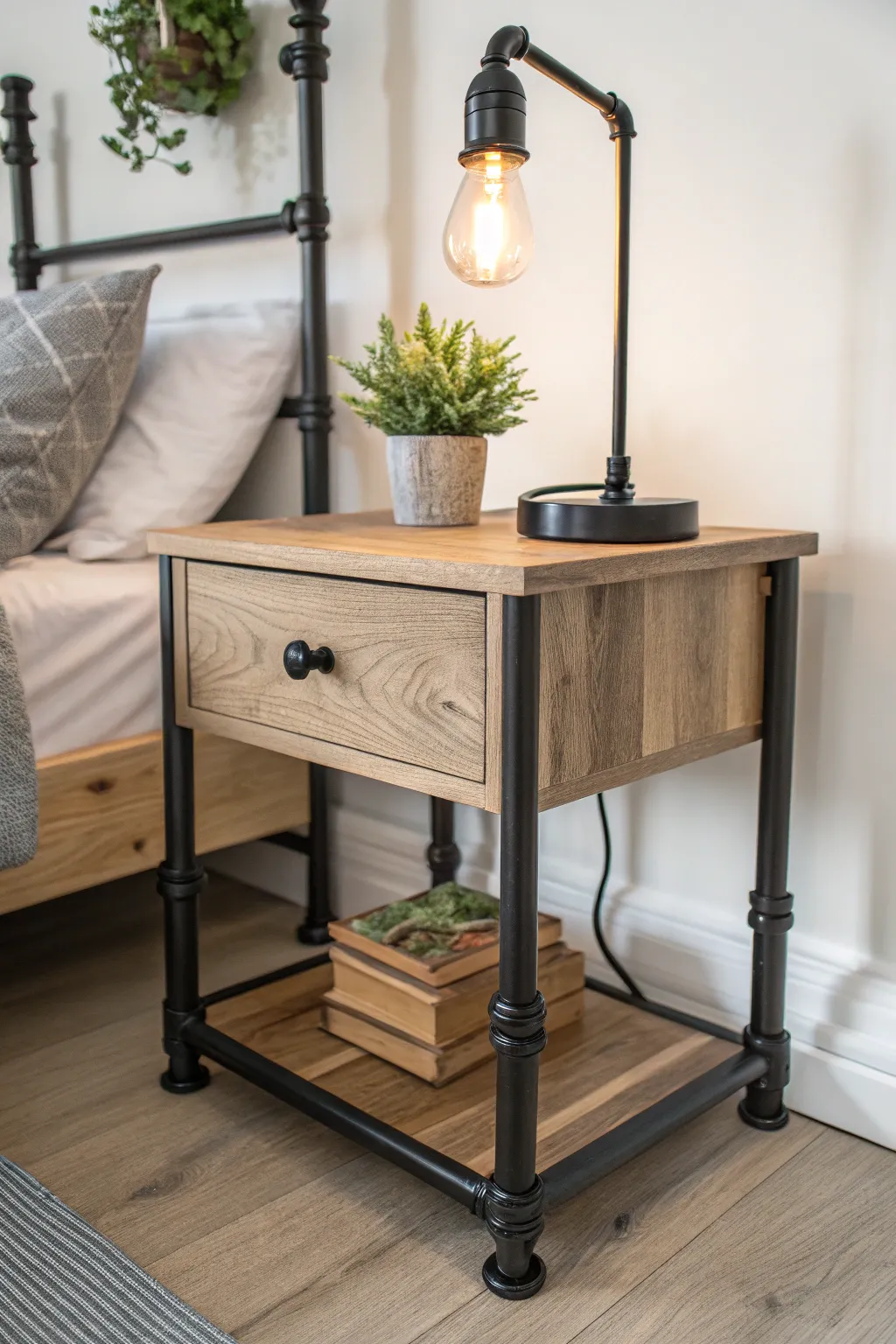 Elevate your bedroom with an industrial-chic nightstand that blends metal and wood for a touch of minimalist elegance. #DIYDecor #ScandiBoho