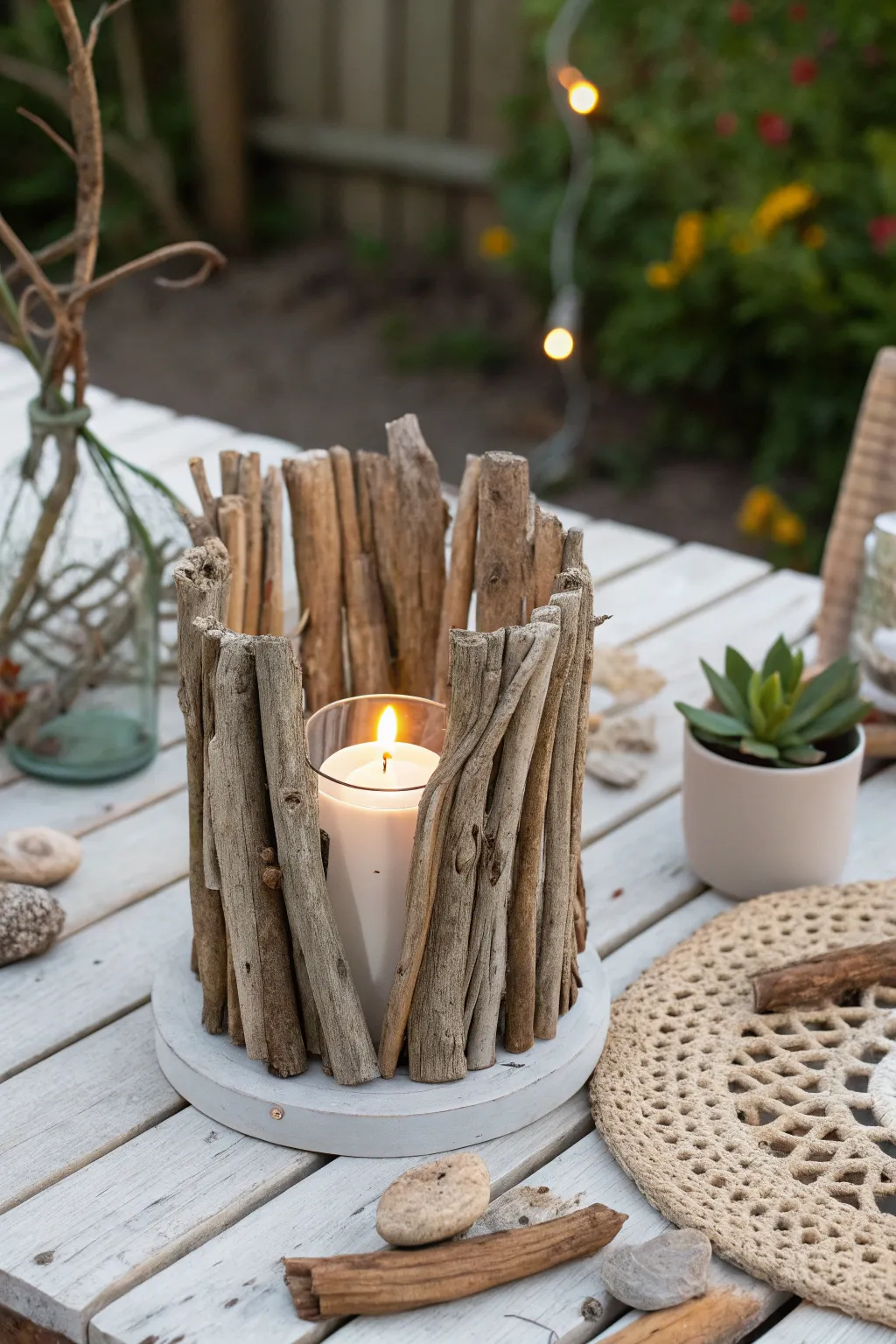 Illuminate your outdoor space with the rustic charm of driftwood lanterns.