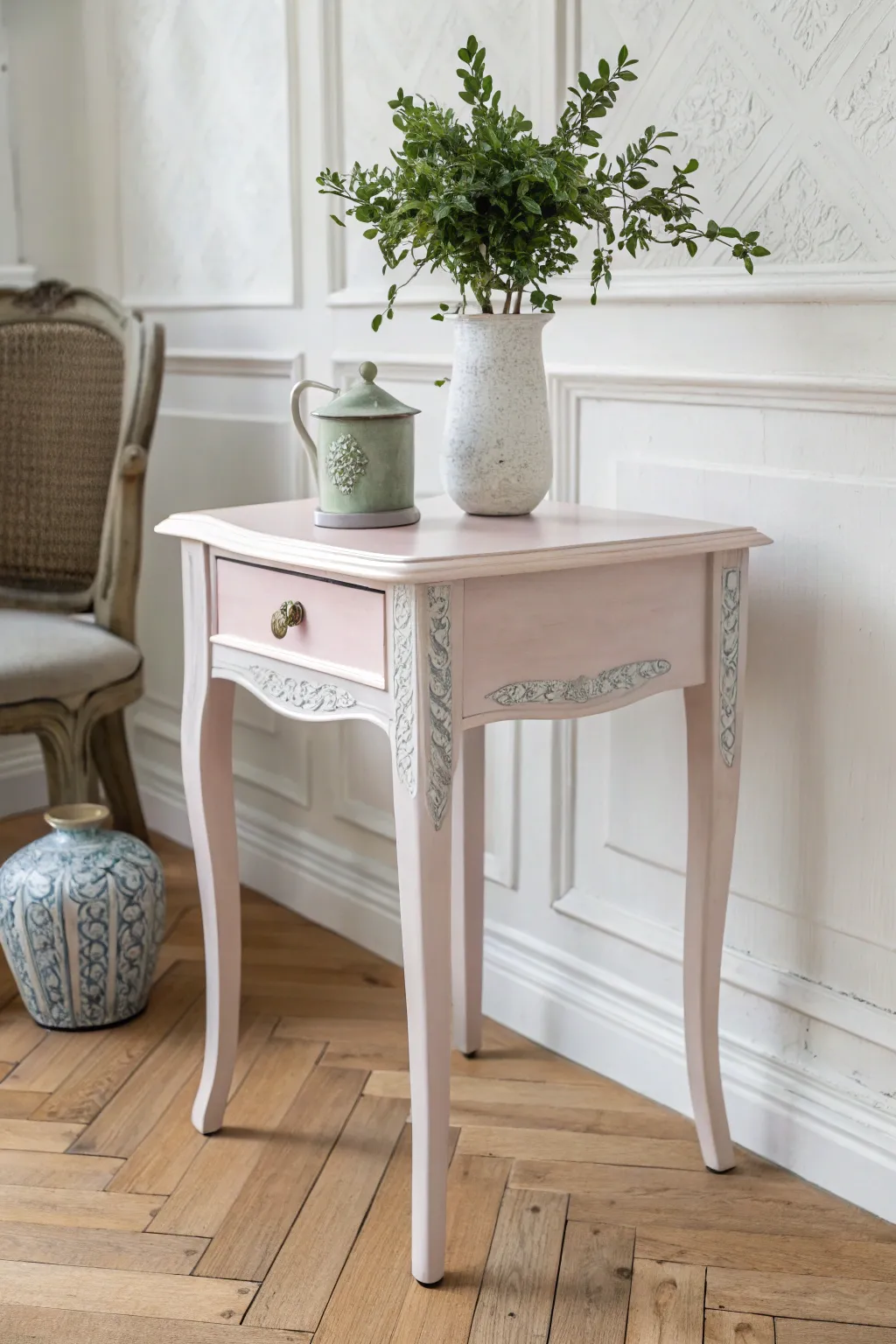 Transform your space with the timeless charm of a chalk-painted vintage end table.