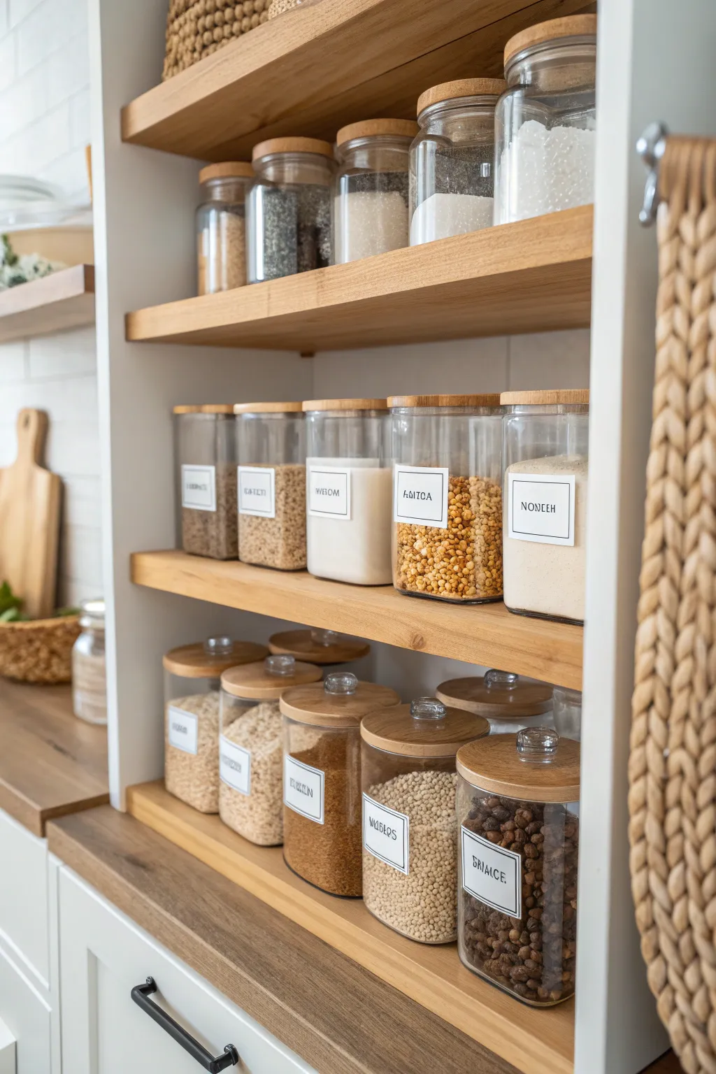 Transform your pantry into an organized oasis with labeled containers and tiered shelves, combining simplicity and style.
