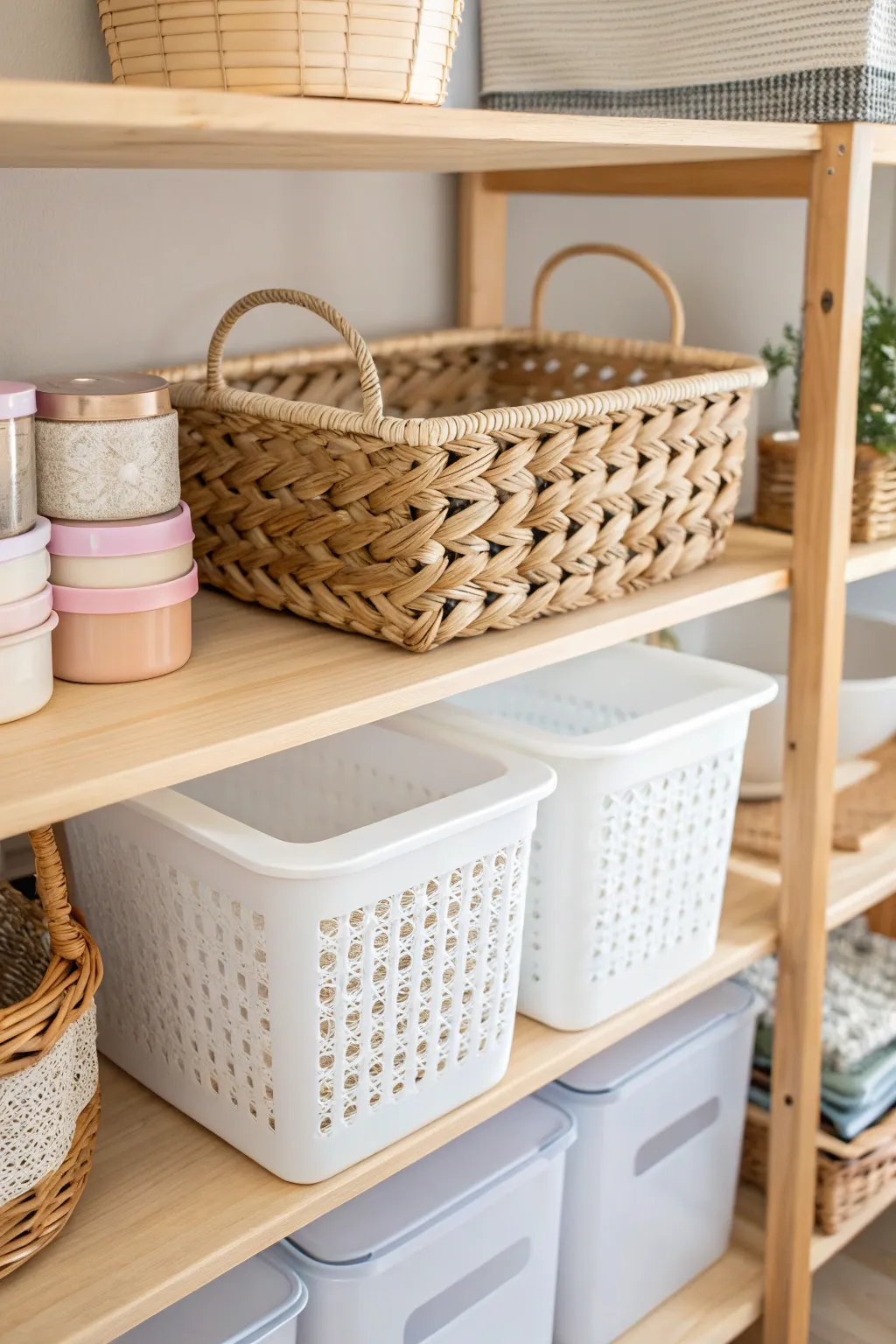 Effortless elegance: Transform your pantry with a blend of wicker and modern bins for a touch of boho charm.