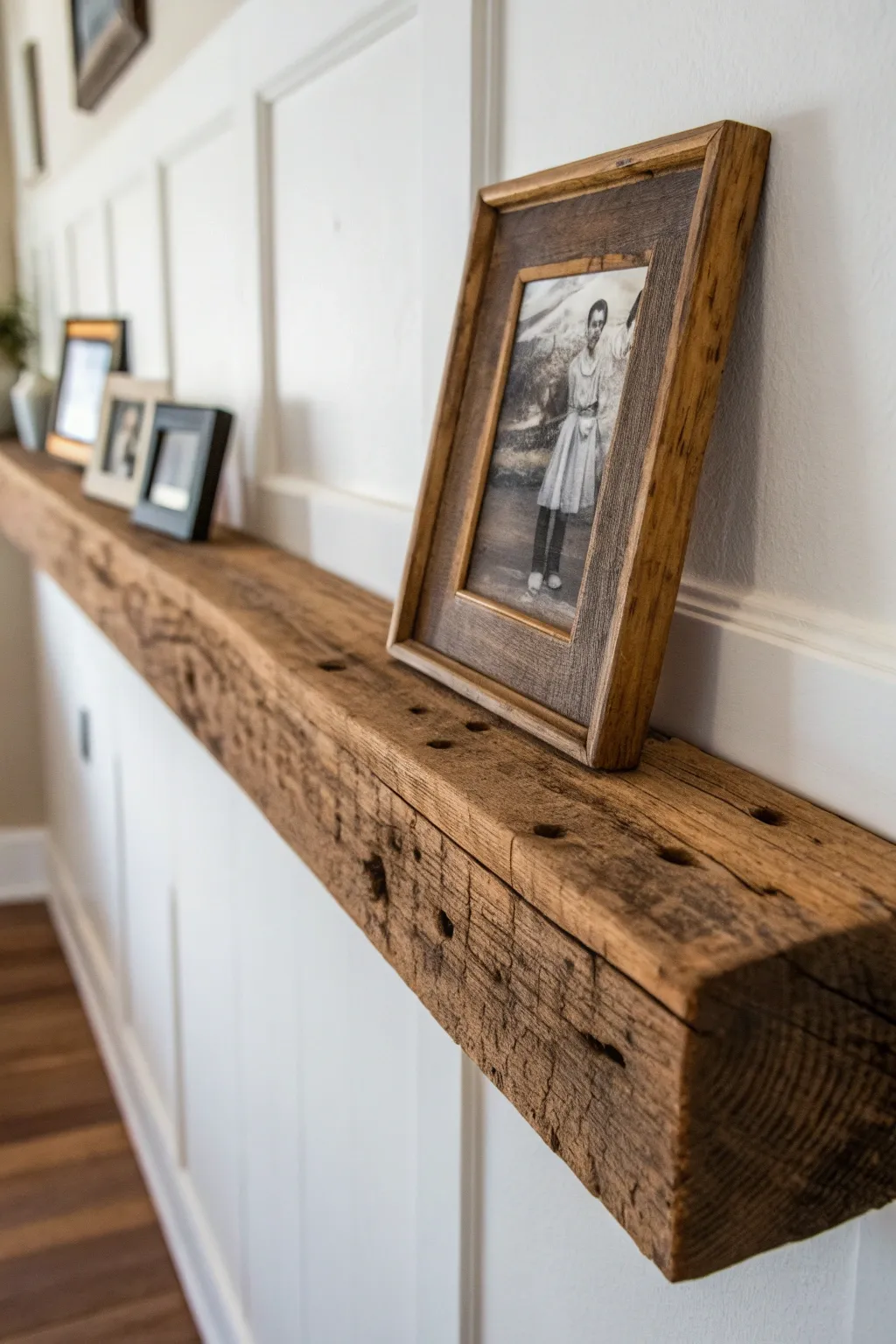 Transform your space with the timeless charm of a rustic reclaimed wood ledge.