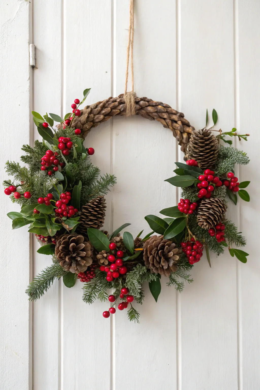 Embrace festive simplicity with a handcrafted pinecone wreath adorned with red berries and green foliage.