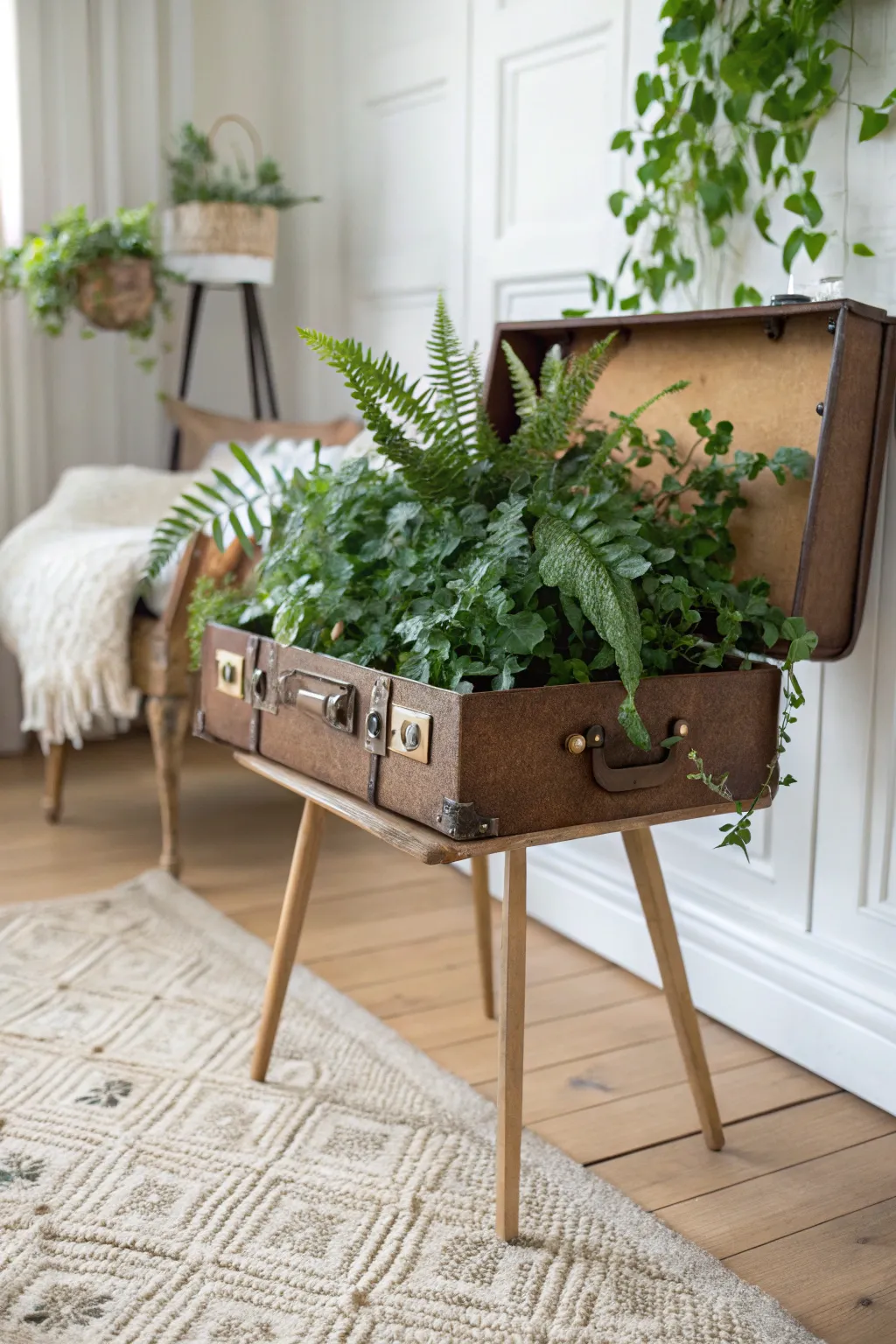 Transform a vintage suitcase into a stunning plant stand for a touch of rustic elegance.