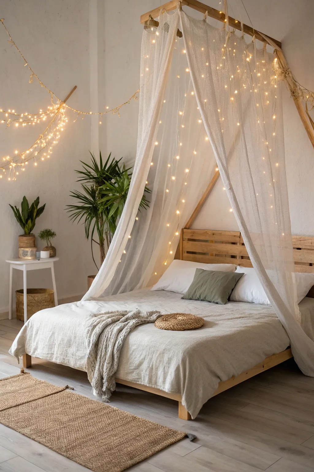 Transform your bedroom into a dreamy retreat with a magical string light canopy. ✨🌿 #DIYDecor #ScandiBoho