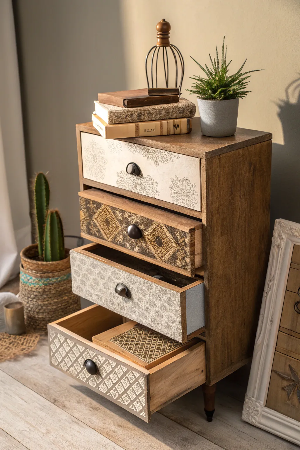 Transform old drawers into a stunning nightstand with a touch of Scandinavian charm and boho flair. #DIYDecor #RepurposedBeauty