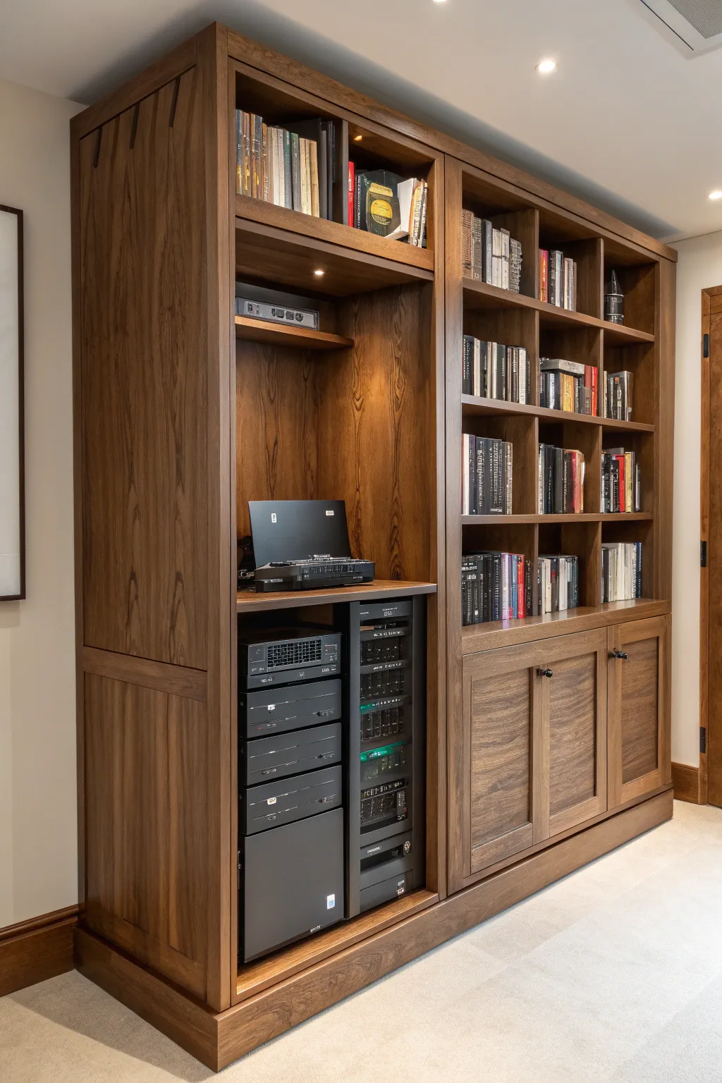 Elevate your space with a seamless blend of technology and craftsmanship: the Integrated Bookshelf Server Rack.