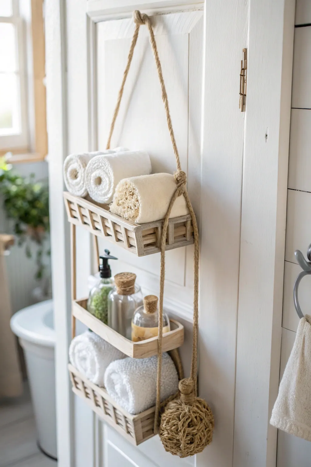 Elevate your shower space with a minimalist over-the-door organizer that blends simplicity and elegance.