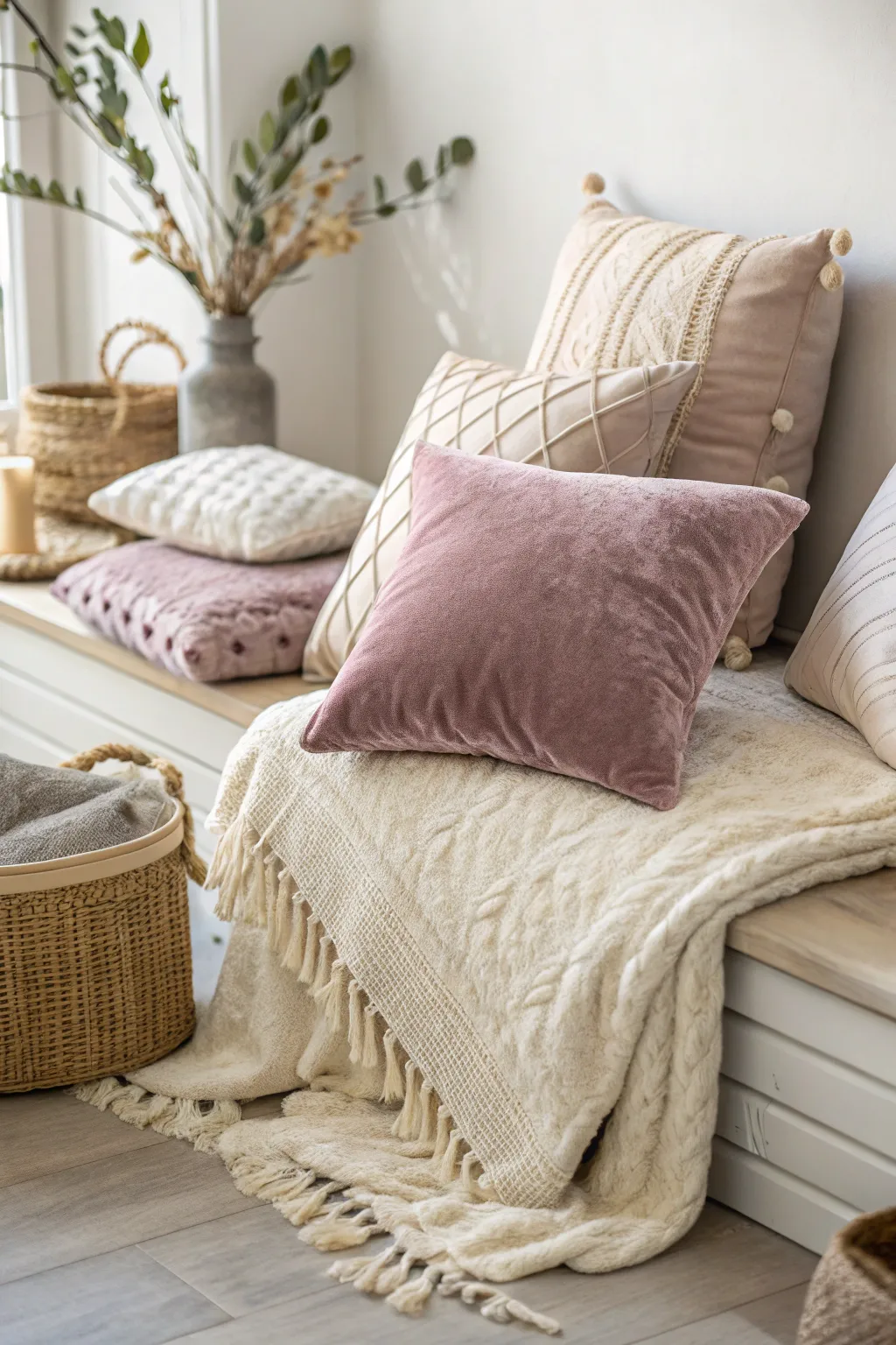 Transform your sleepover space with layers of luxurious pillows and throws, blending minimalist elegance with a boho touch.