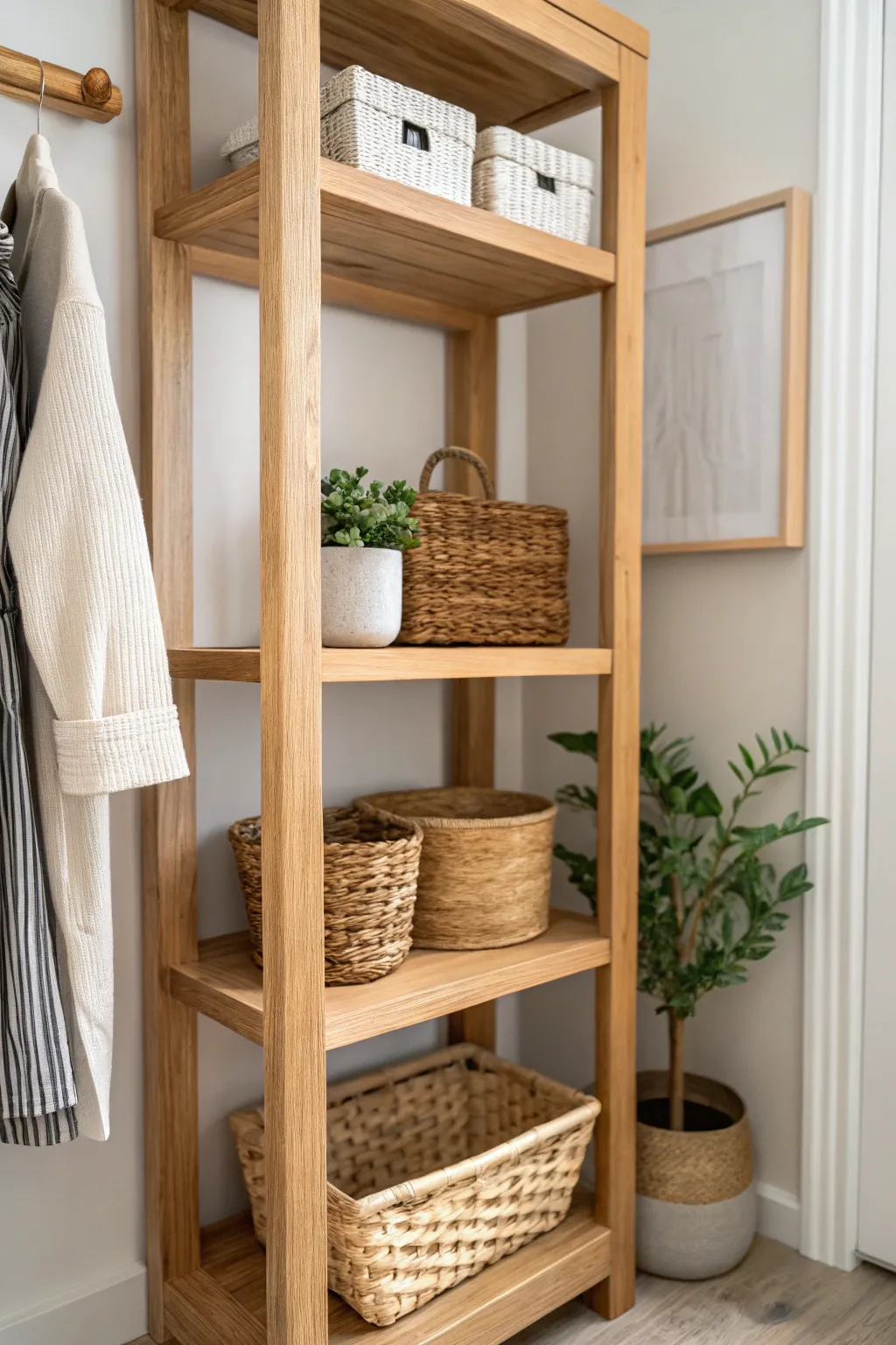 Elevate your closet space with the charm of adjustable shelving—where functionality meets minimalist beauty.