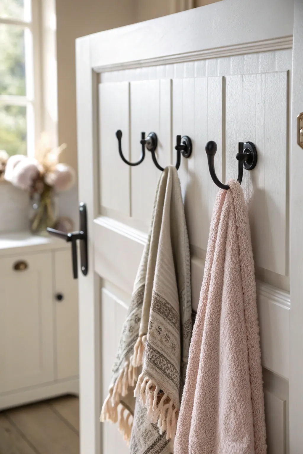 Effortless elegance: Elevate your small bathroom with these chic over-the-door hooks.