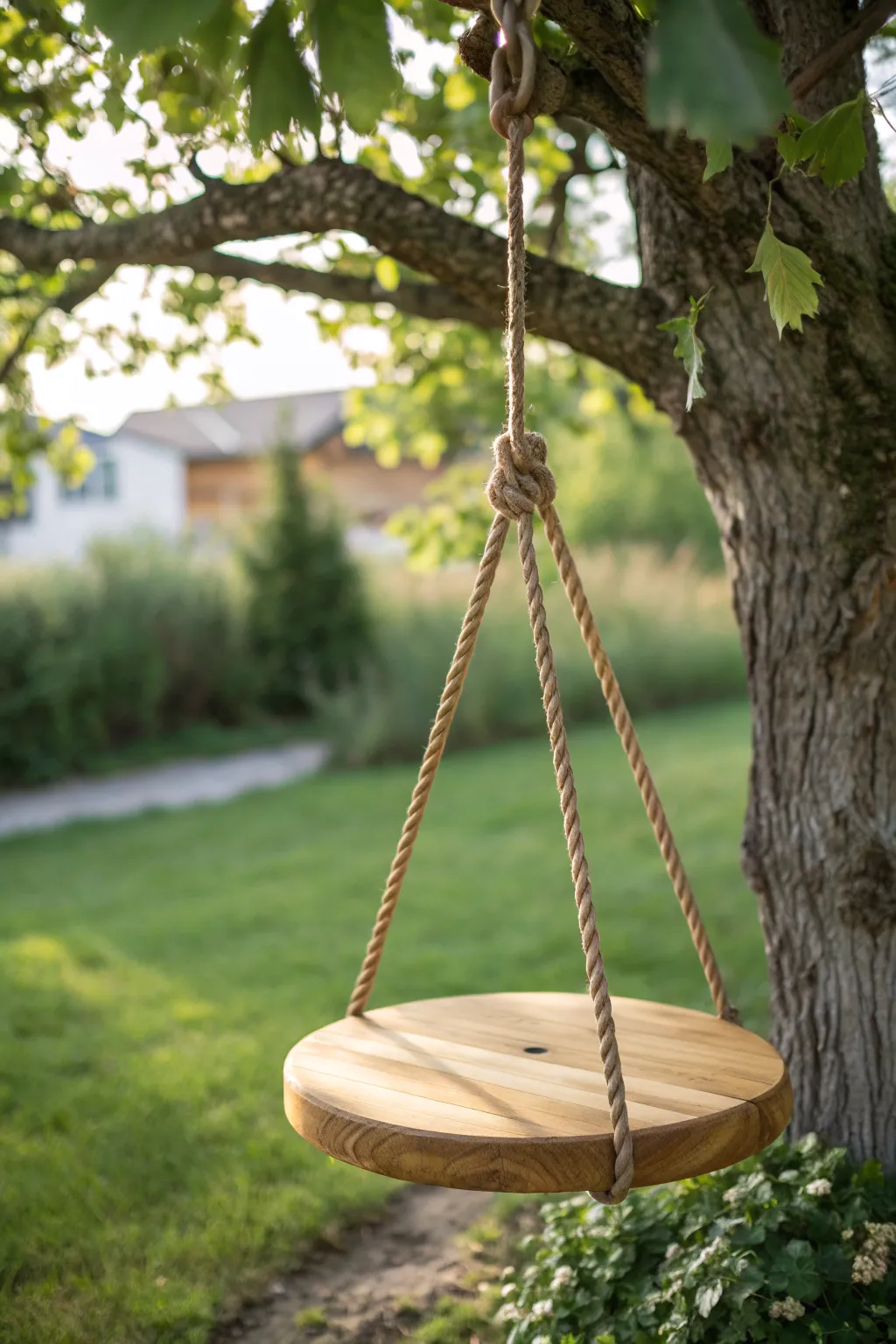 Embrace simplicity with this charming rope disc swing, perfect for cozy garden retreats.