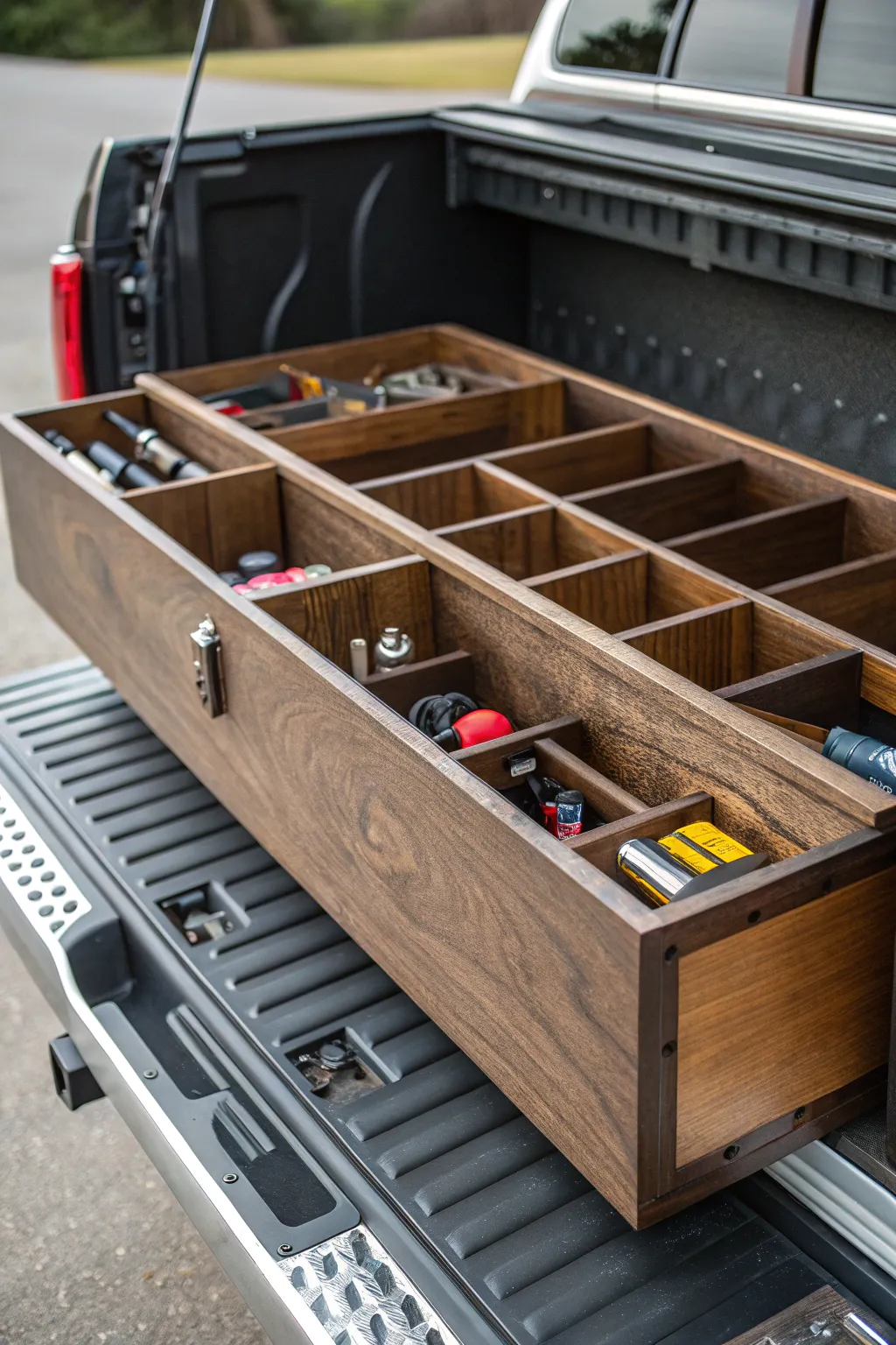 Transform your truck bed with stylish and efficient wooden compartments, perfect for the DIY enthusiast.