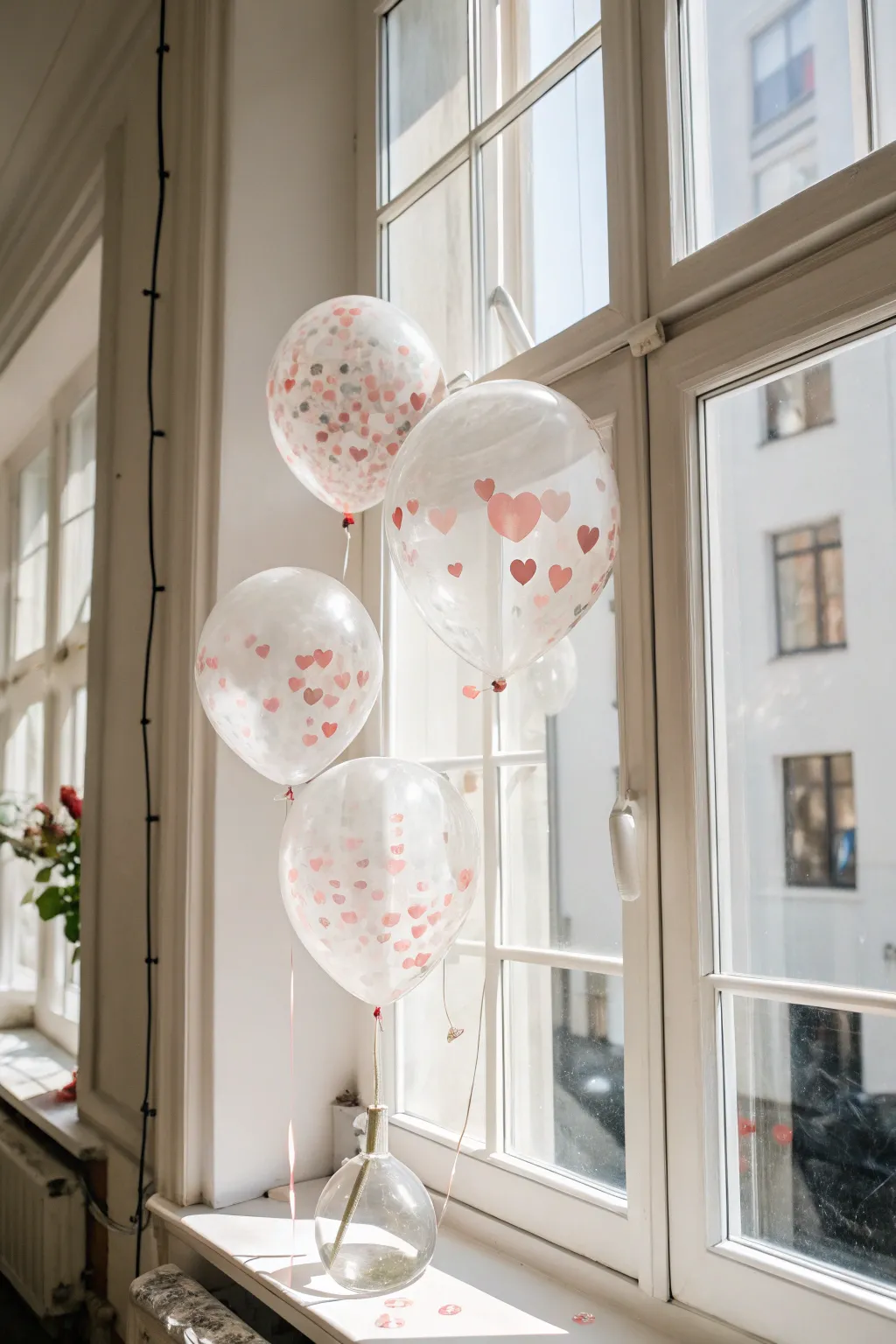 Elevate your Valentine's decor with enchanting floating heart balloons, capturing the essence of minimalist beauty.