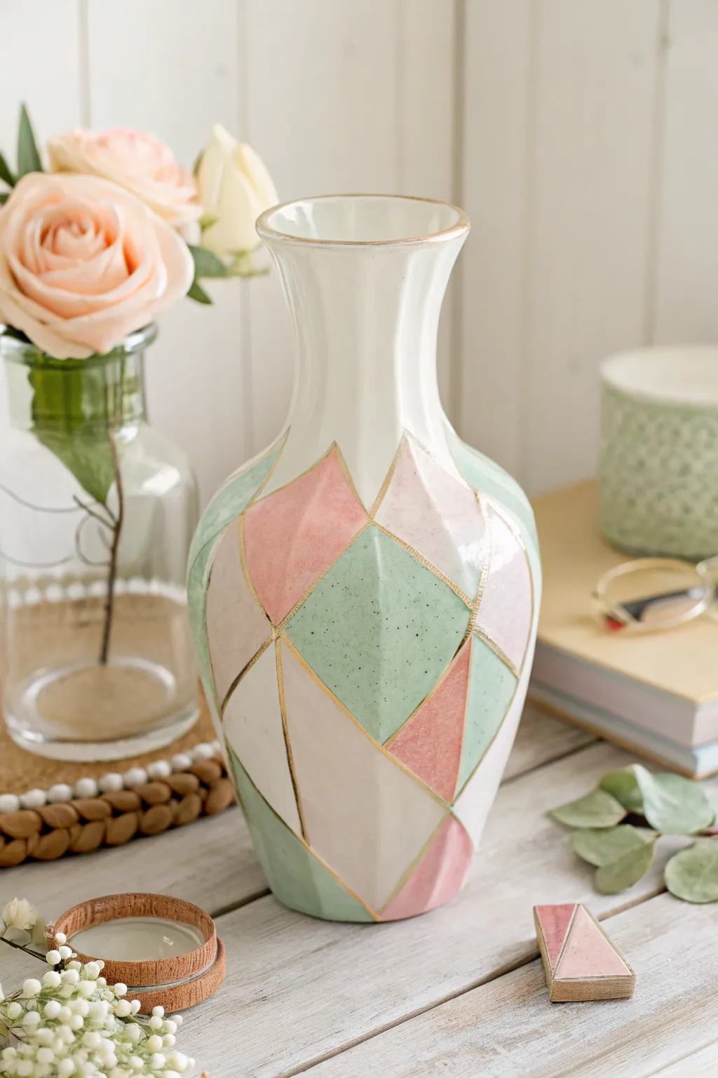 Transform thrift finds into chic decor with color-blocked vases 🌿✨ #DIYHomeDecor #MinimalistStyle