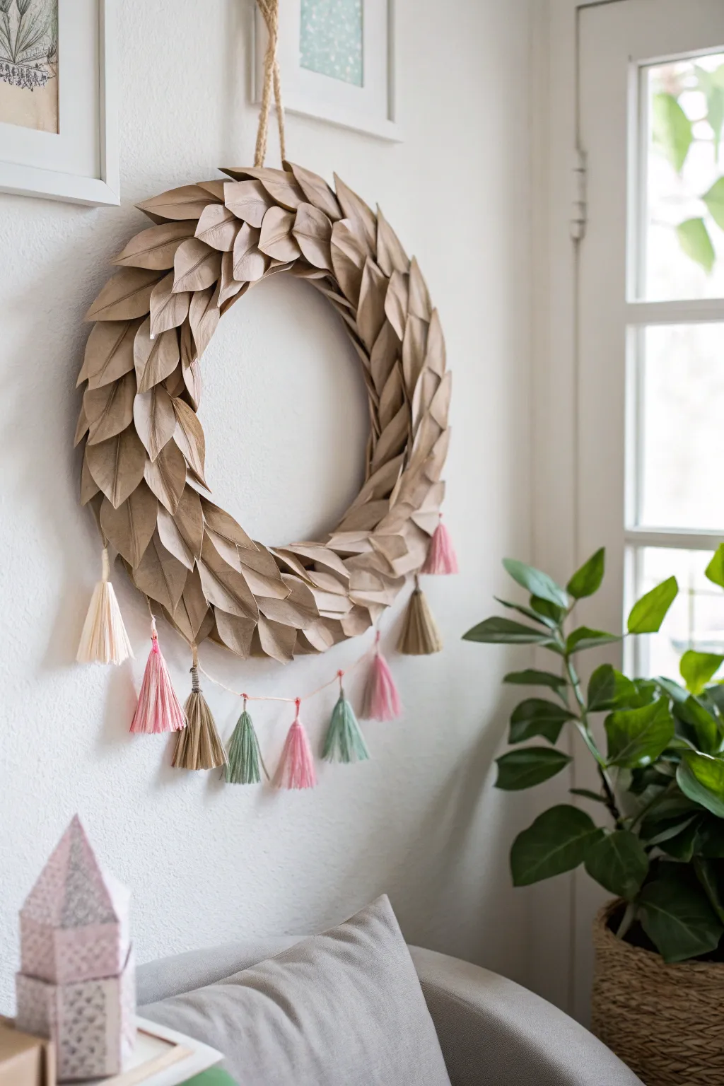 Elevate your space with a touch of handmade elegance: a paper wreath with whimsical tassels.