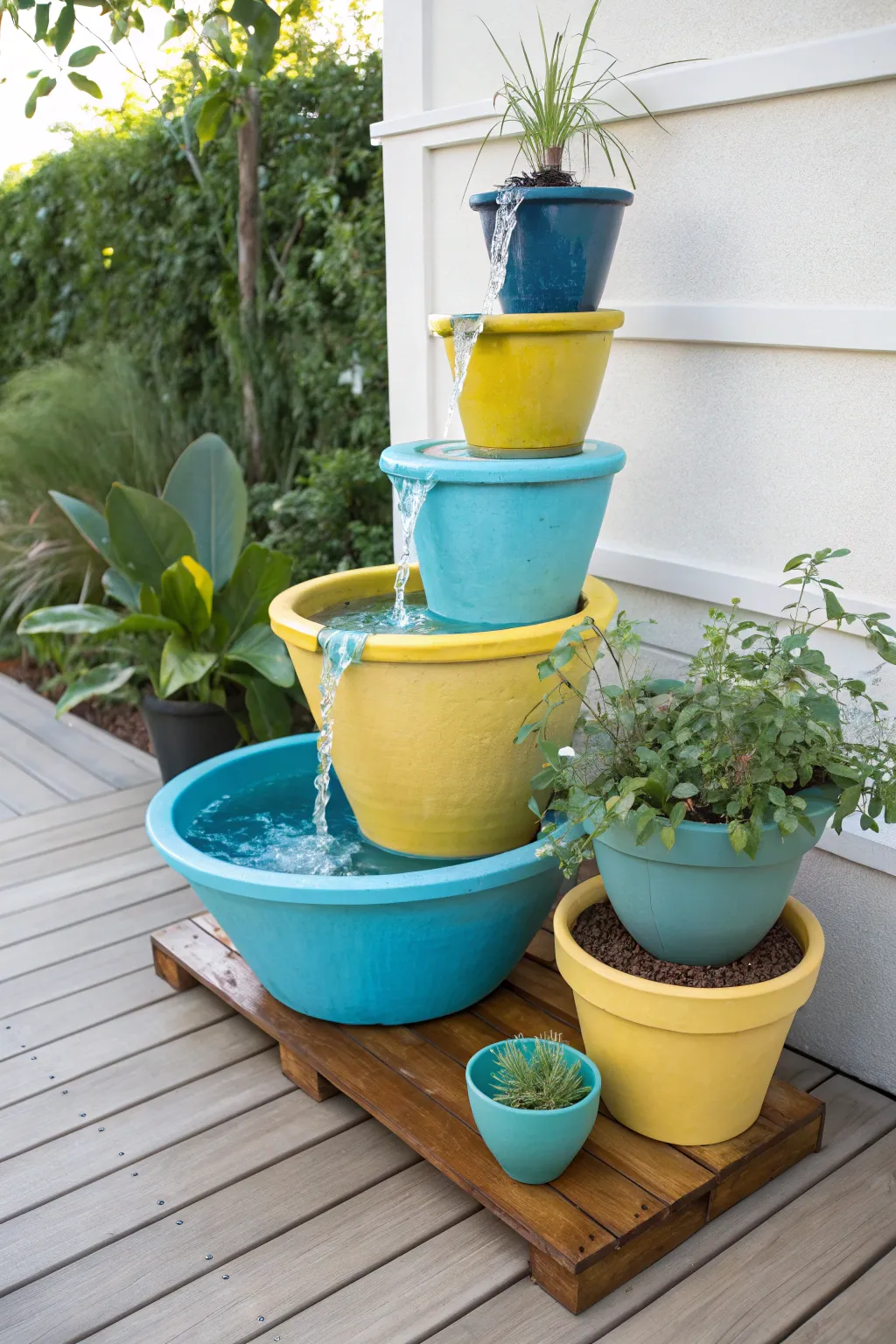Transform your patio with a vibrant painted pot fountain—where color meets tranquility!