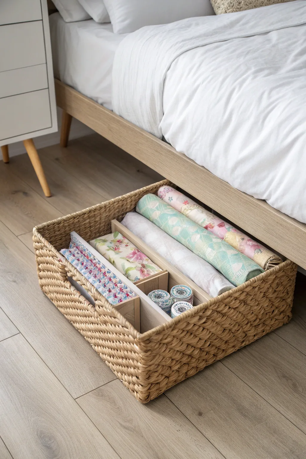 Discover the art of organization with a touch of elegance — your under-bed solution for wrapping paper bliss.