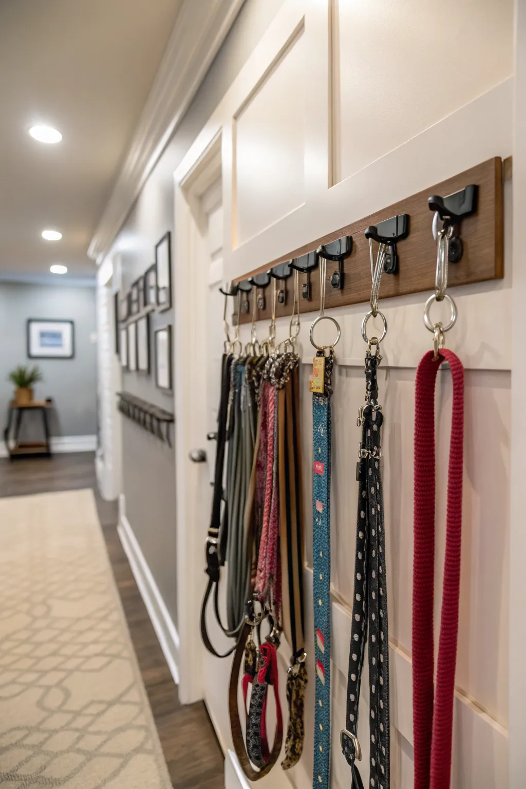Convenient wall hooks for leashes and collars, adding functionality to the entryway.