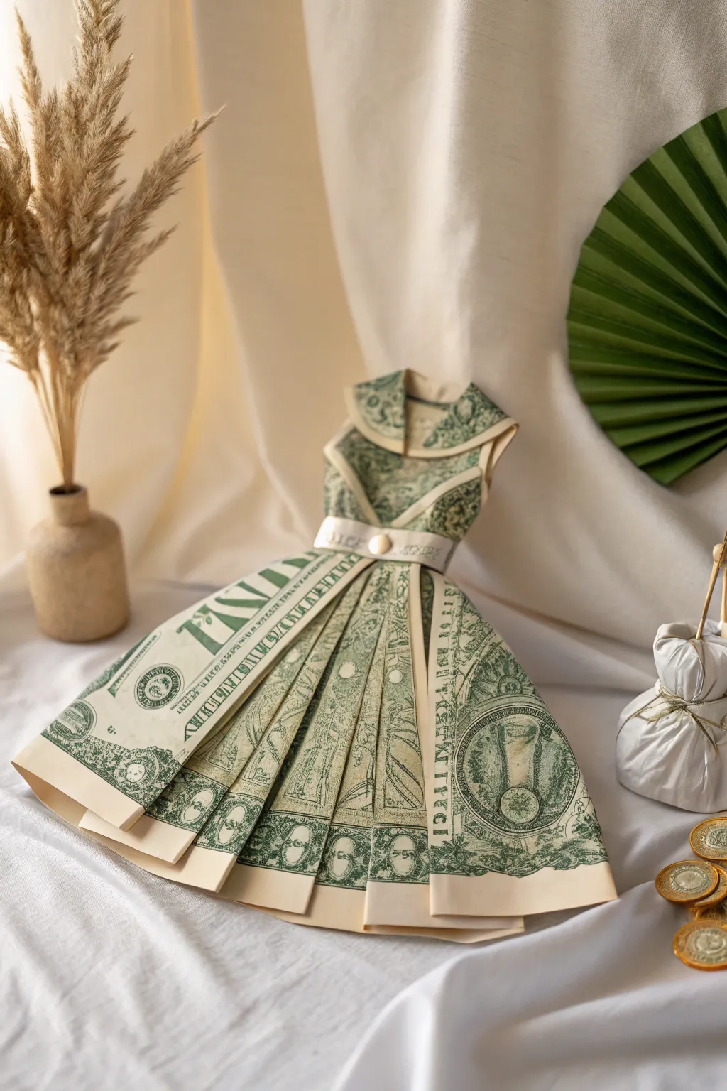 Crafted with love: a charming dollar bill dress that blends simplicity with artistic flair.