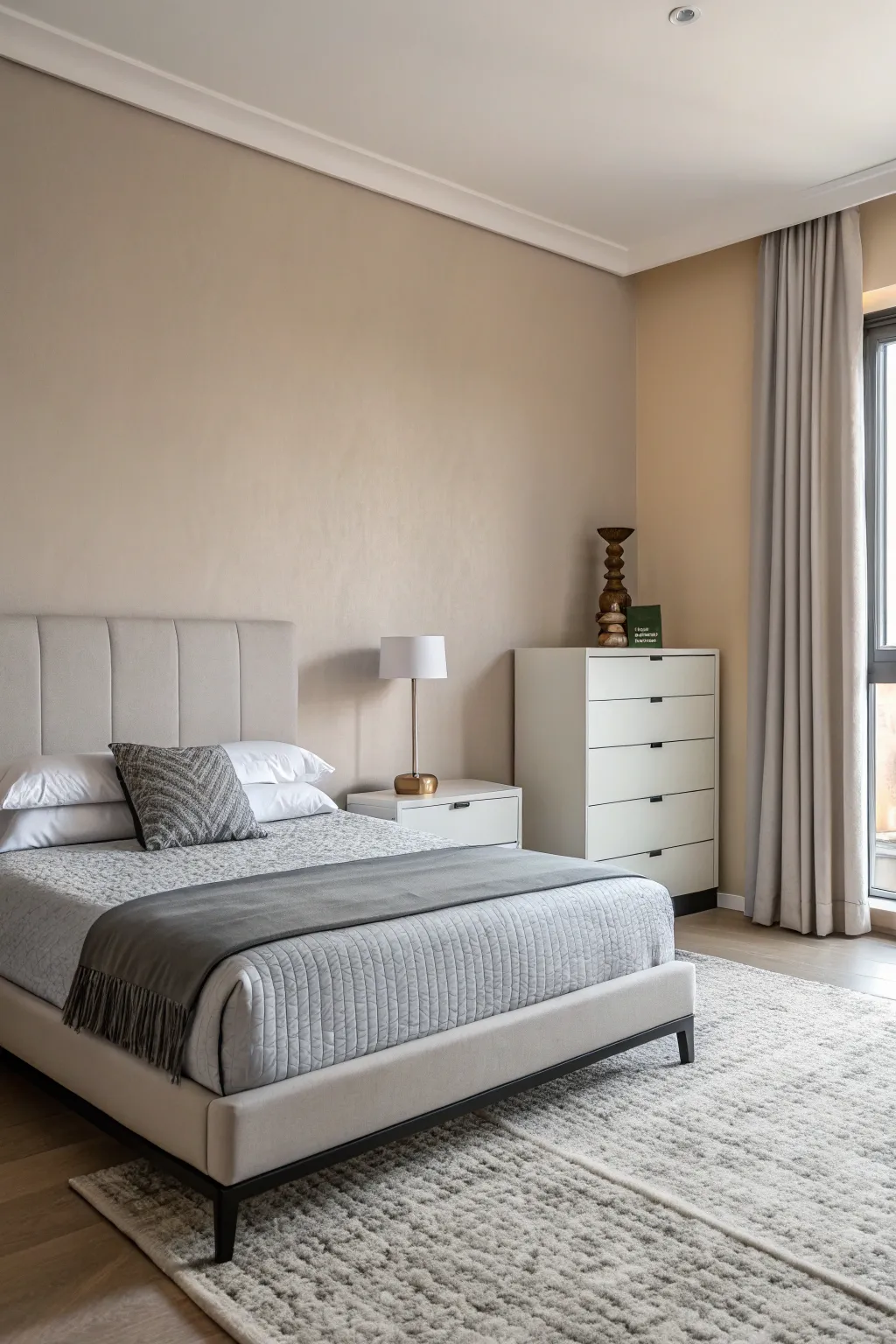 A minimalist bedroom features sleek furniture and a neutral palette for a modern look.
