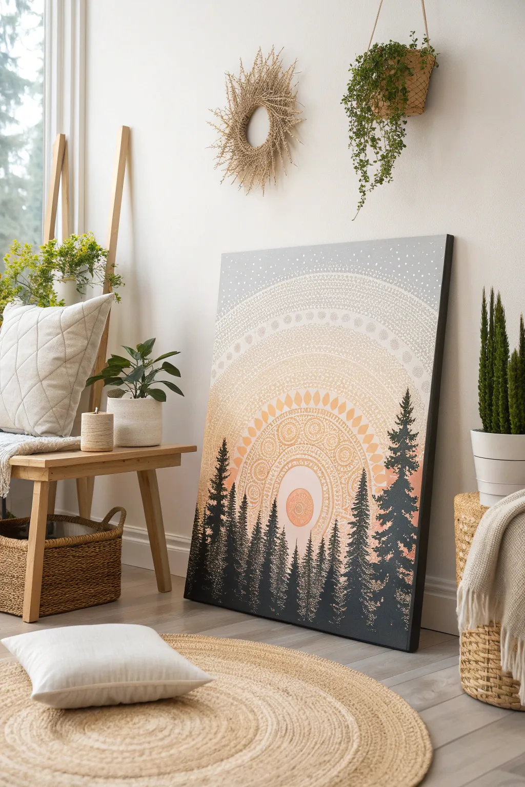 Bring the tranquility of nature indoors with this stunning dot-painted landscape, perfect for adding a touch of crafted elegance to any minimalist space.