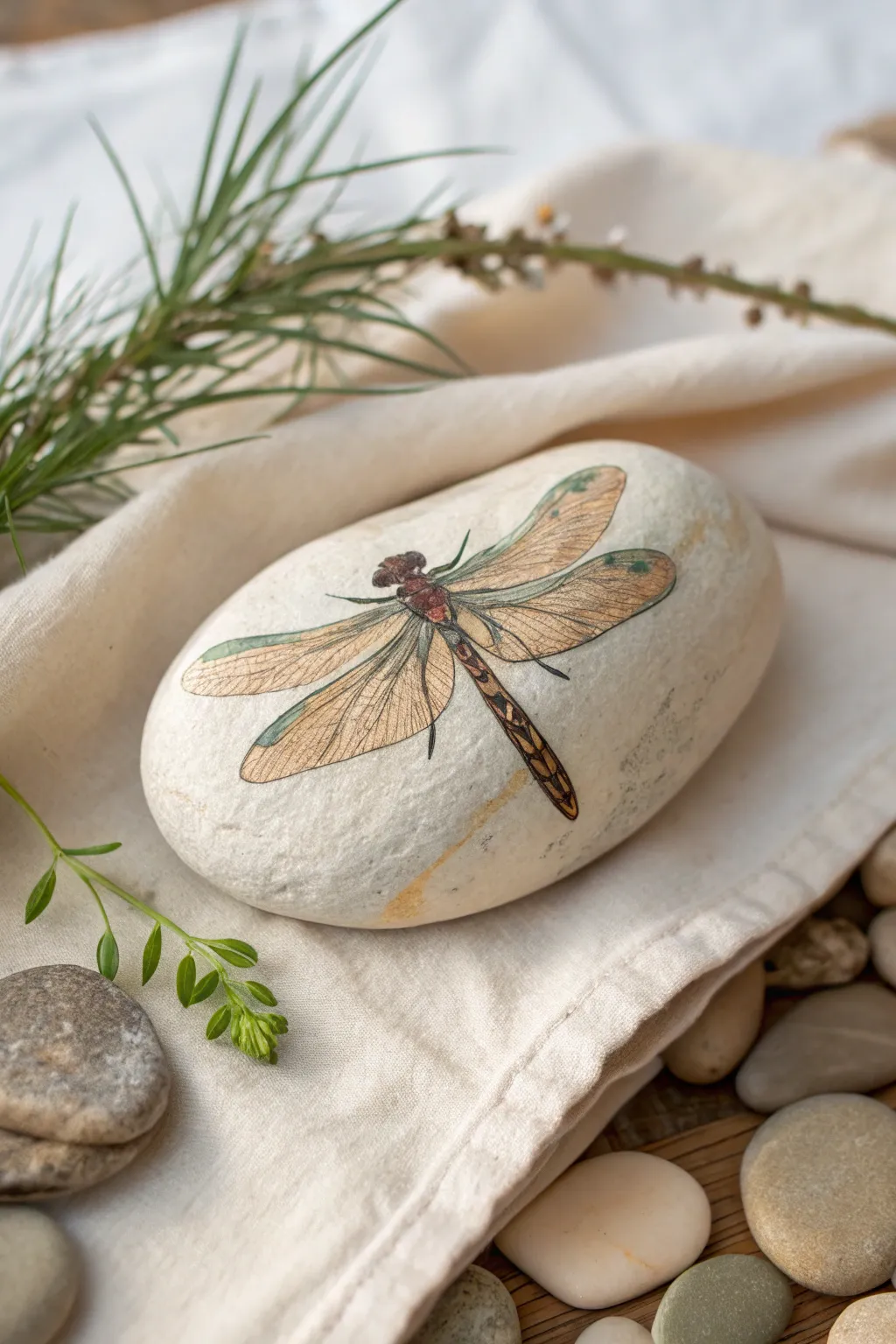 Capture the essence of nature with this beautifully detailed dragonfly art on stone, a perfect blend of simplicity and elegance.