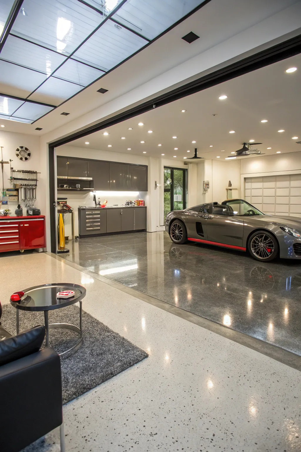 A garage featuring sleek epoxy-coated flooring.