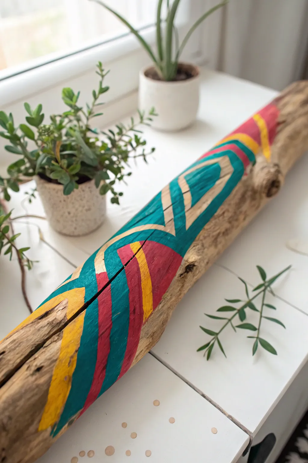 Embrace the beauty of nature with bold, abstract artistry on driftwood. #ScandinavianMinimalism #BohoChic