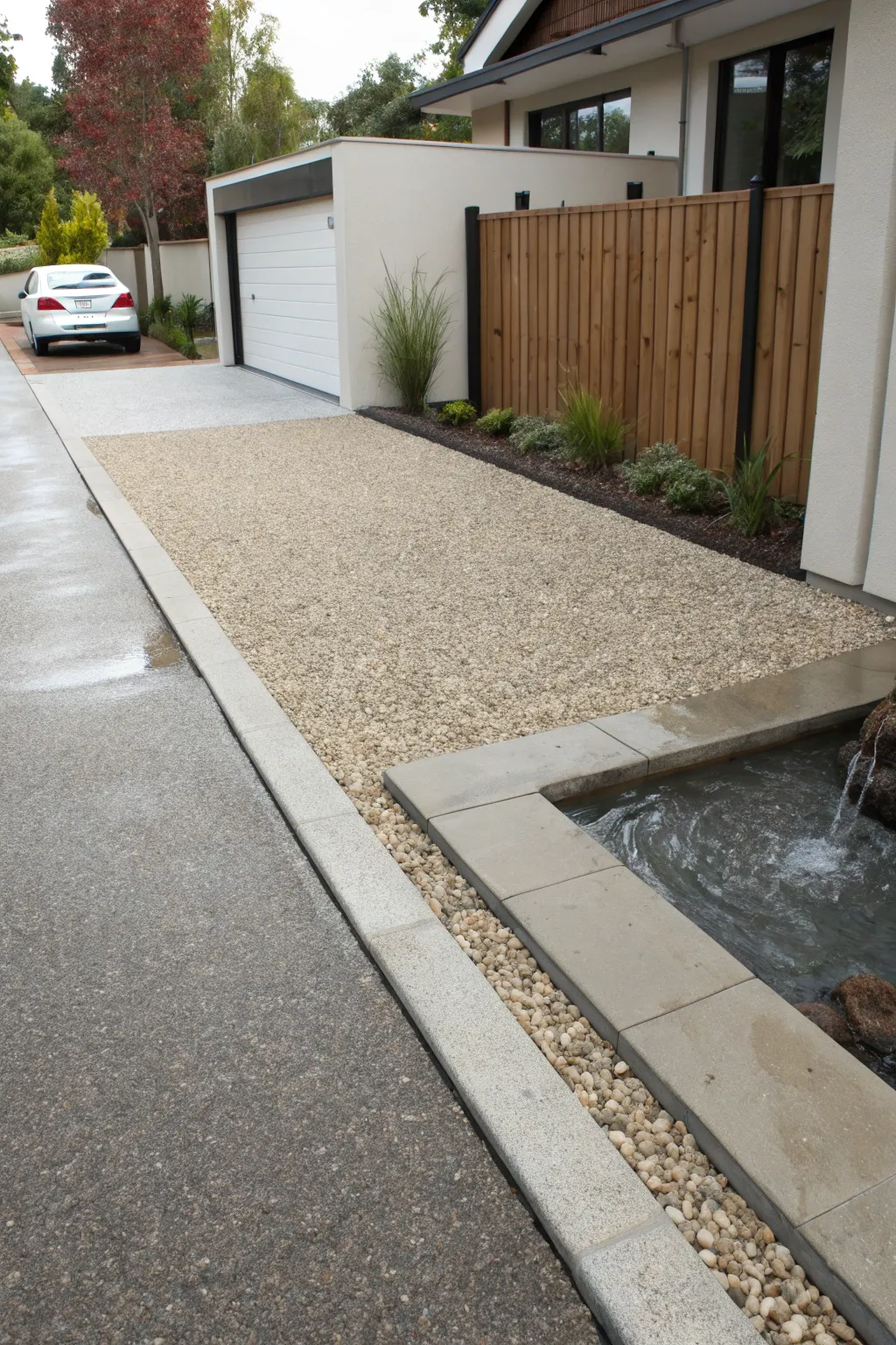 A serene pebble-finished driveway.
