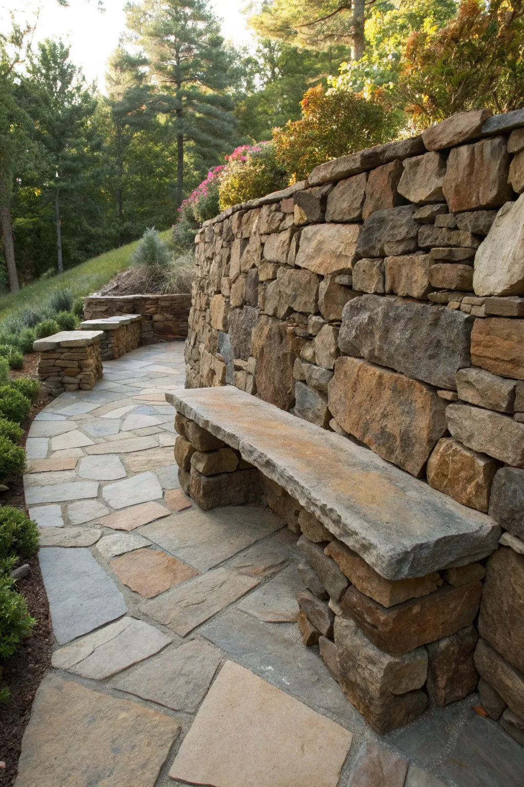 Take a moment to relax on this rustic stone bench, perfectly nestled within your handcrafted rock wall.