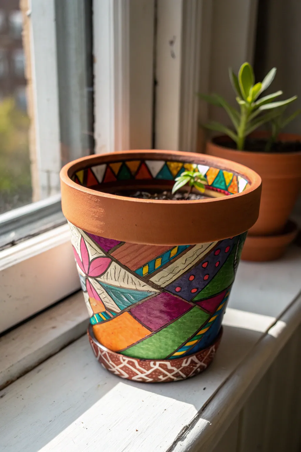 Transform your space with a splash of color: A duct tape-wrapped flower pot that adds a unique touch to any windowsill.