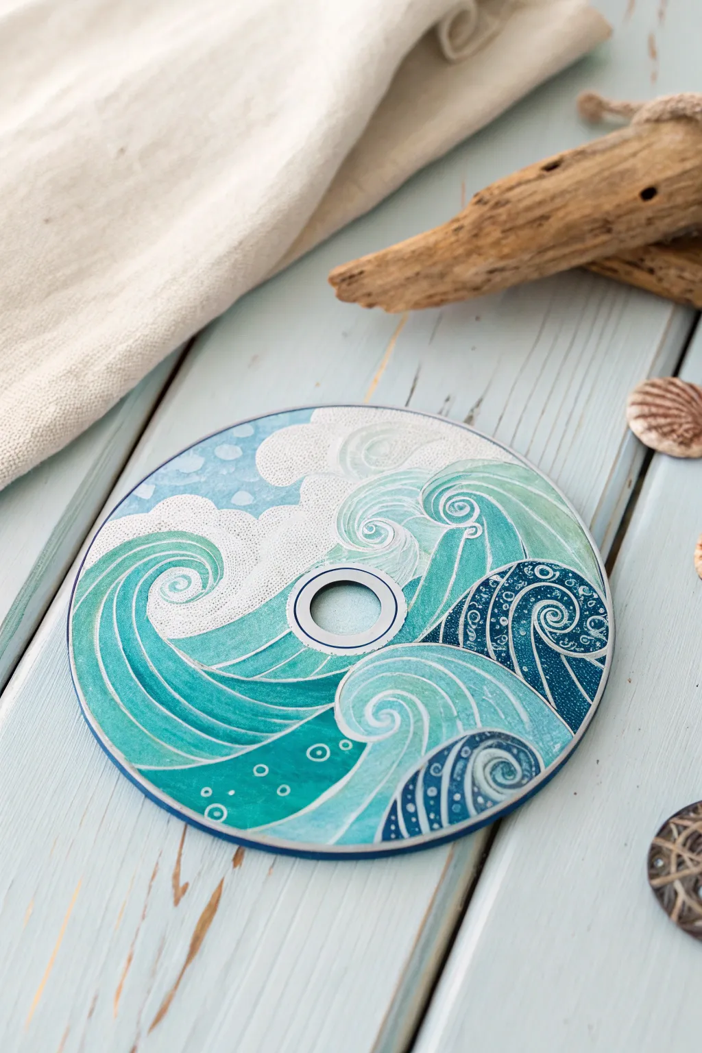 Transform your old DVDs into art with serene ocean wave paintings, blending minimalist elegance with boho flair.