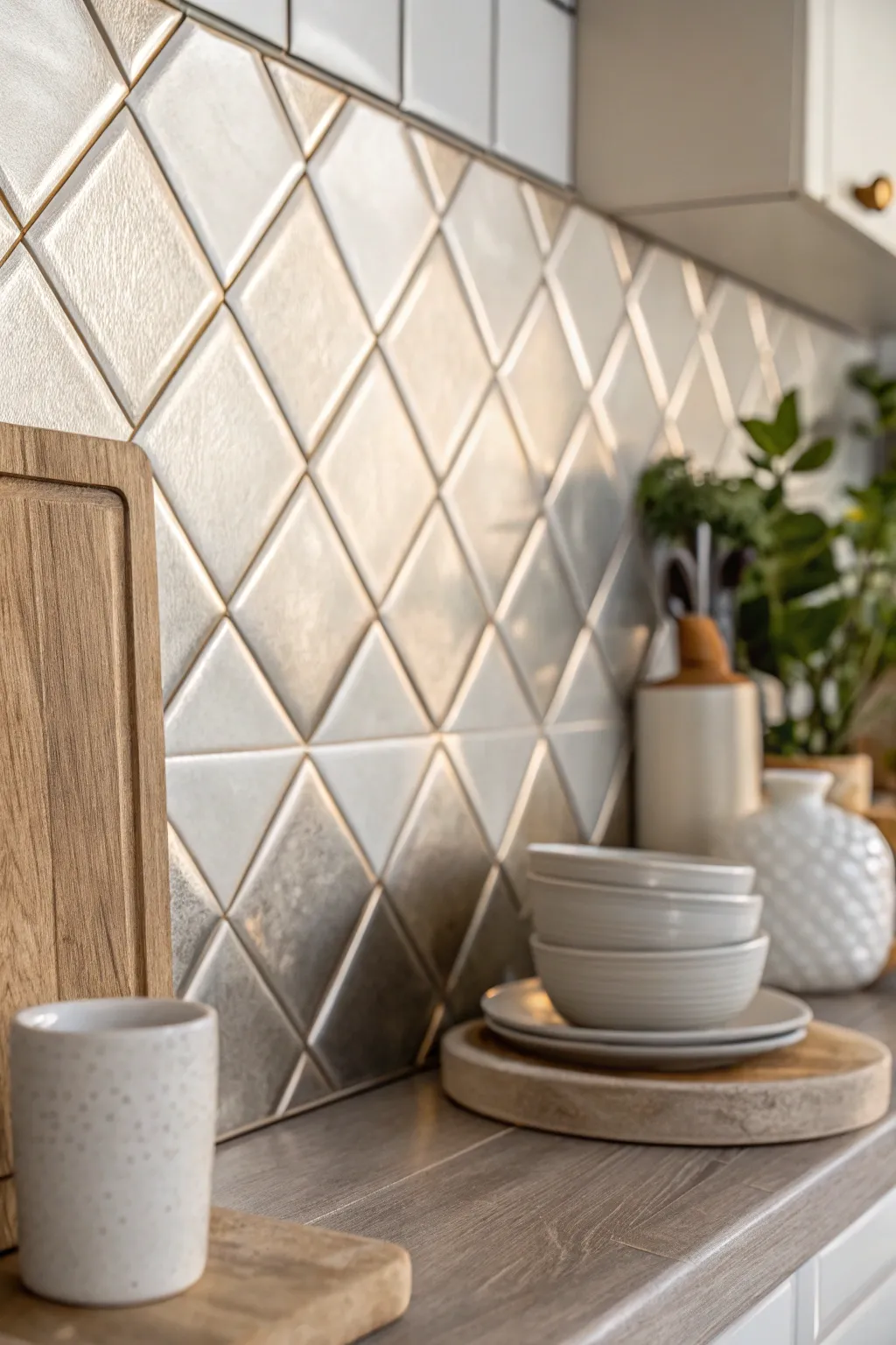 Transform your kitchen with the modern elegance of metallic tiles, adding light and style to your space.