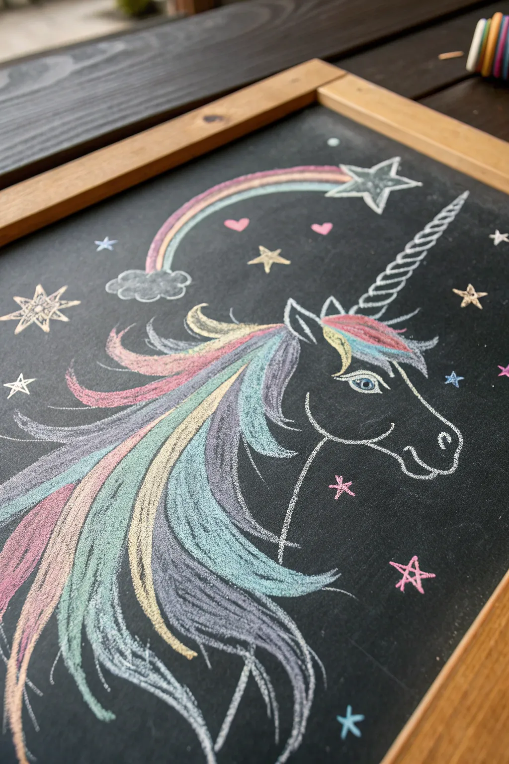 Embrace the magic of simplicity with this enchanting unicorn chalk drawing.