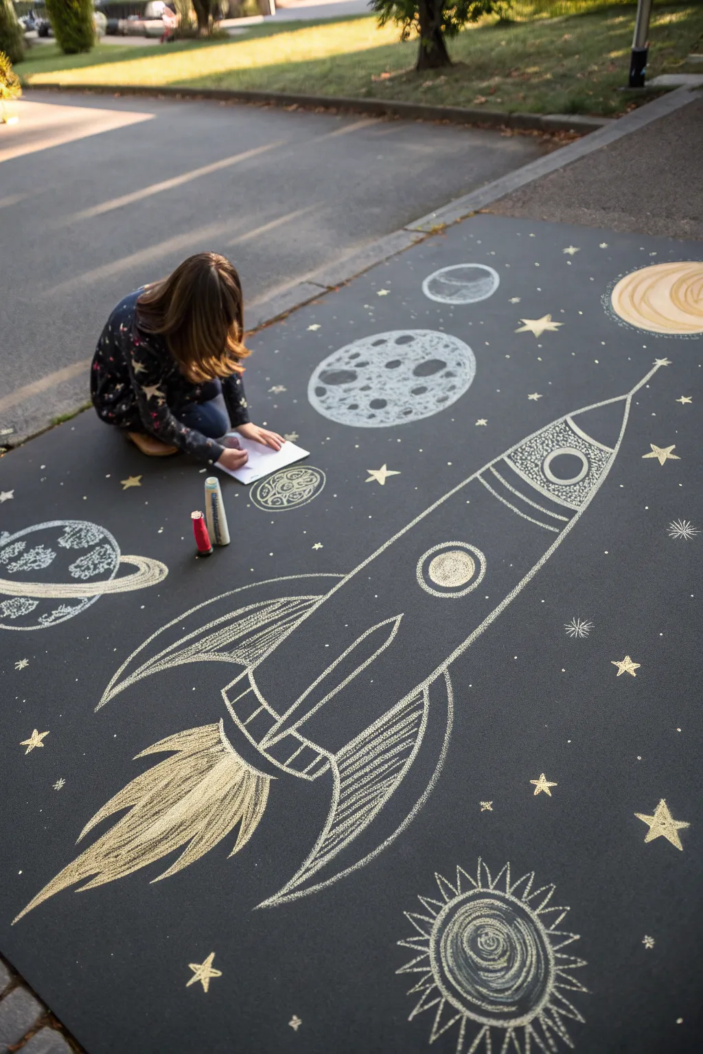 Explore the cosmos with minimalist elegance: a handcrafted chalk galaxy awaits your imagination.