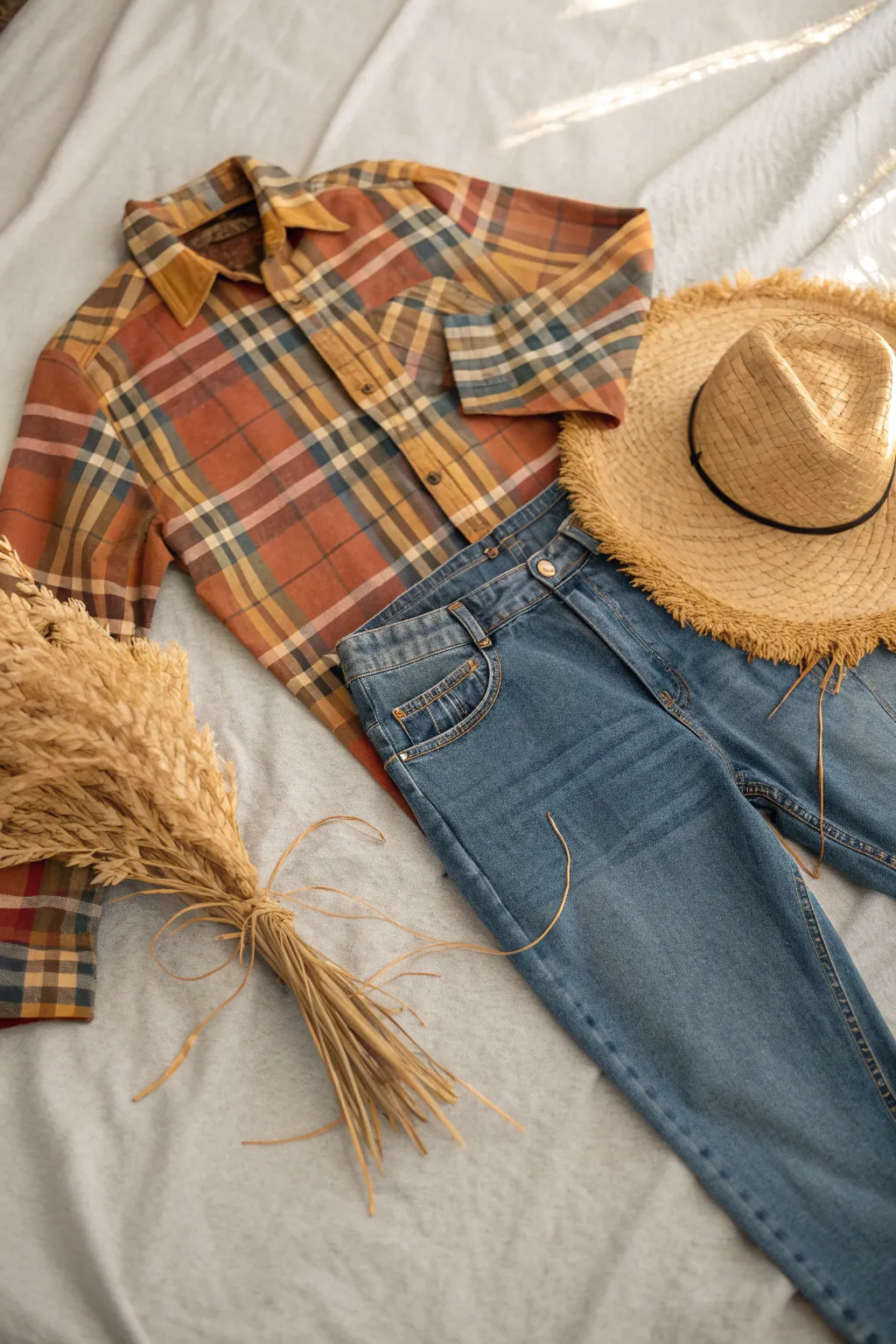 Effortless charm meets cozy comfort with this No-Sew Scarecrow costume idea. Perfect for a chilly Halloween night!