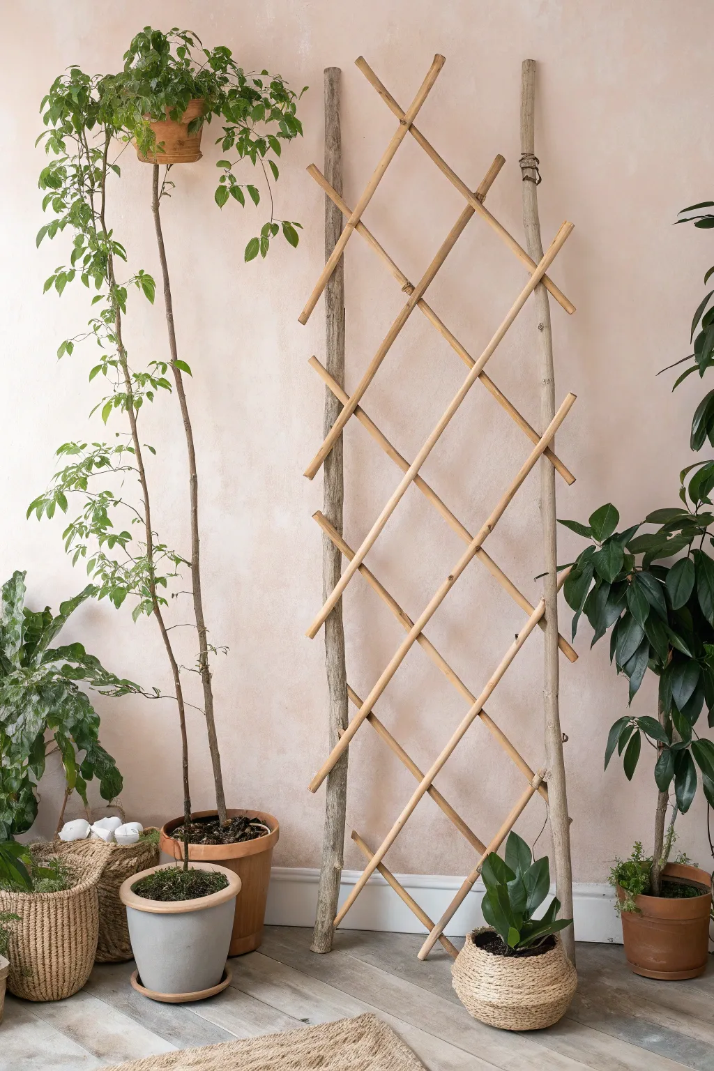 Transform your garden with a touch of nature: a DIY branch trellis that blends rustic charm with minimalist elegance.