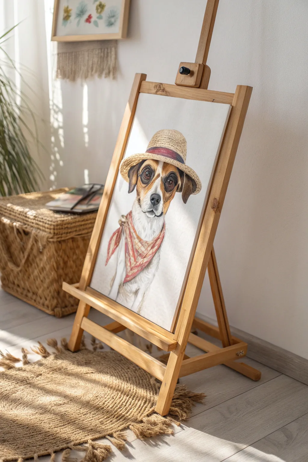 Add a playful twist to your art with a dog in chic accessories—boho meets minimalist charm!