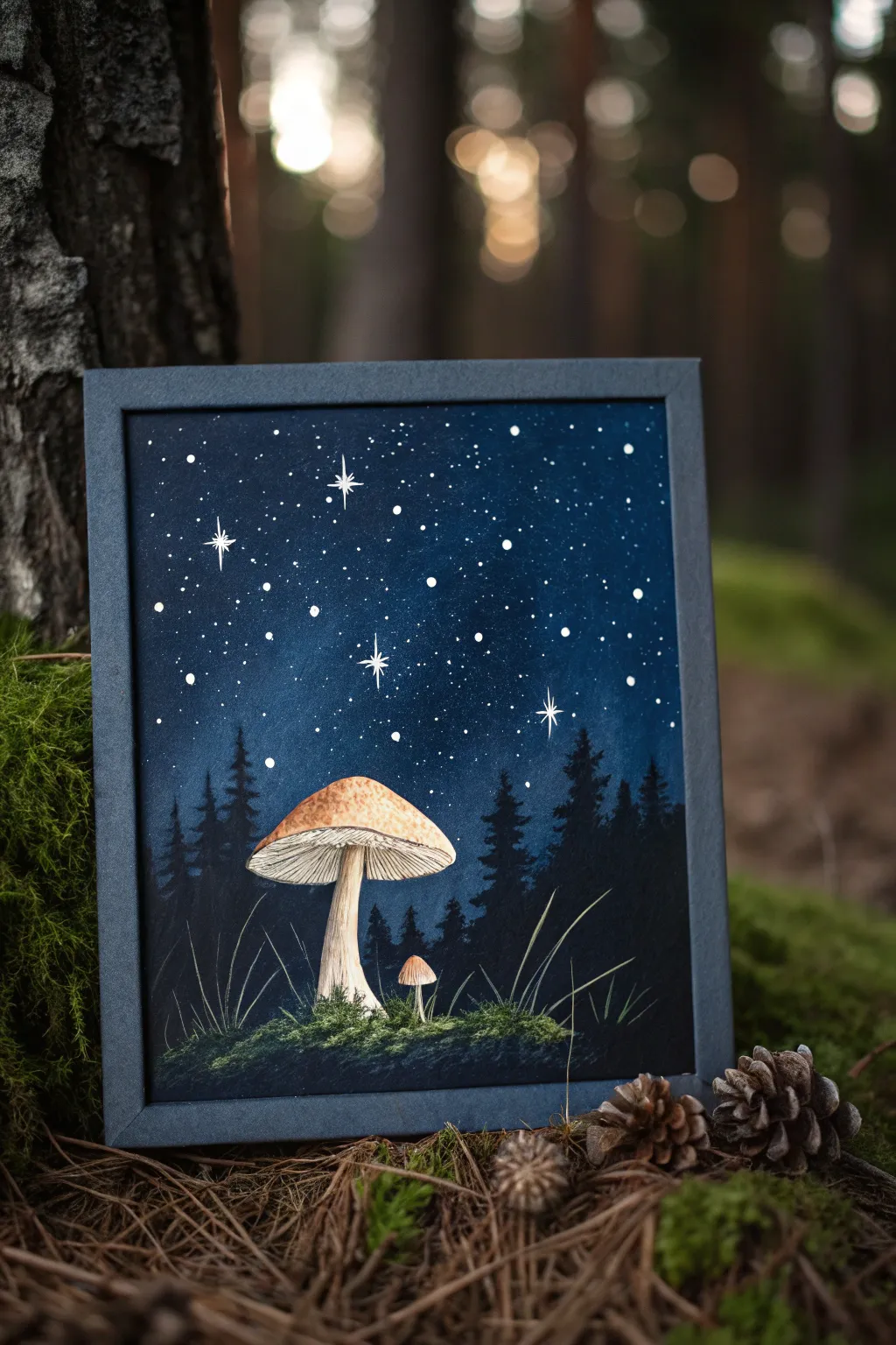 Illuminate the night with this enchanting mushroom masterpiece, where simplicity meets celestial beauty.
