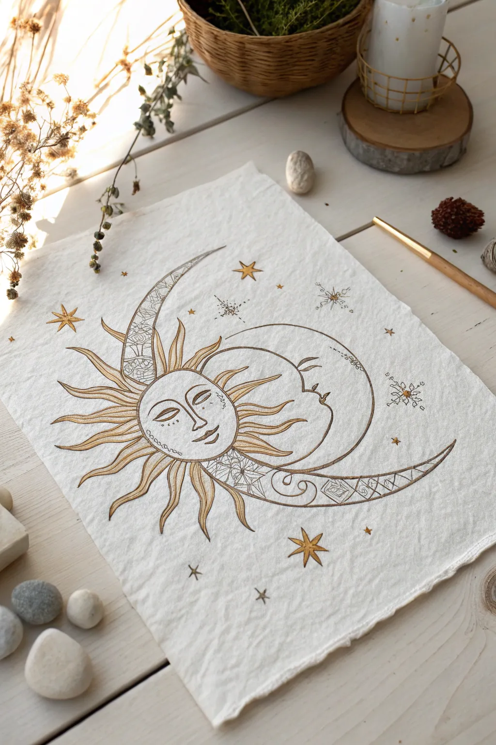 Capture the cosmos with a simple sun and moon sketch, adding a touch of whimsy to your day.