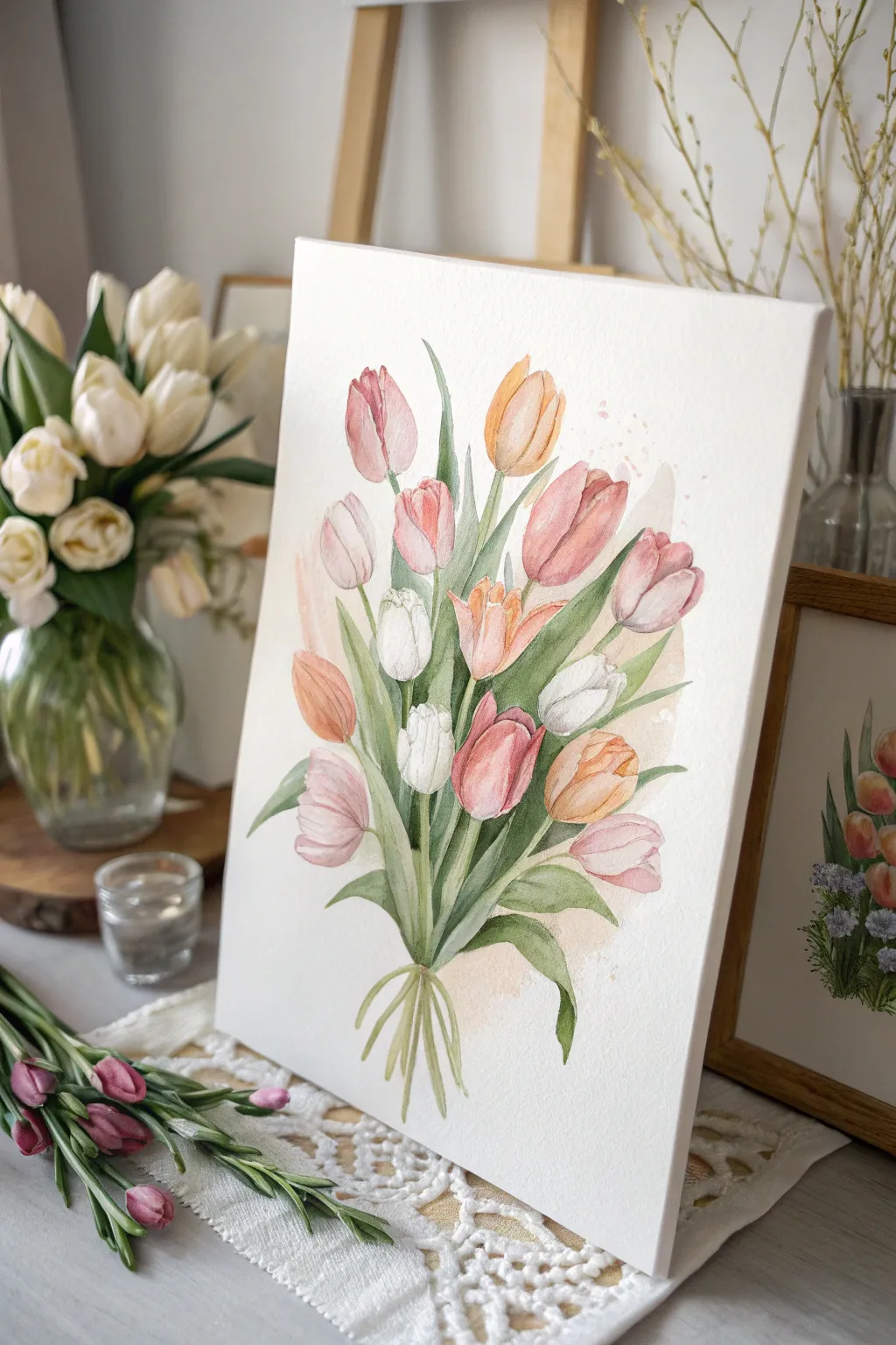 Embrace the art of simplicity with a delicate watercolor bouquet of tulips in bloom.