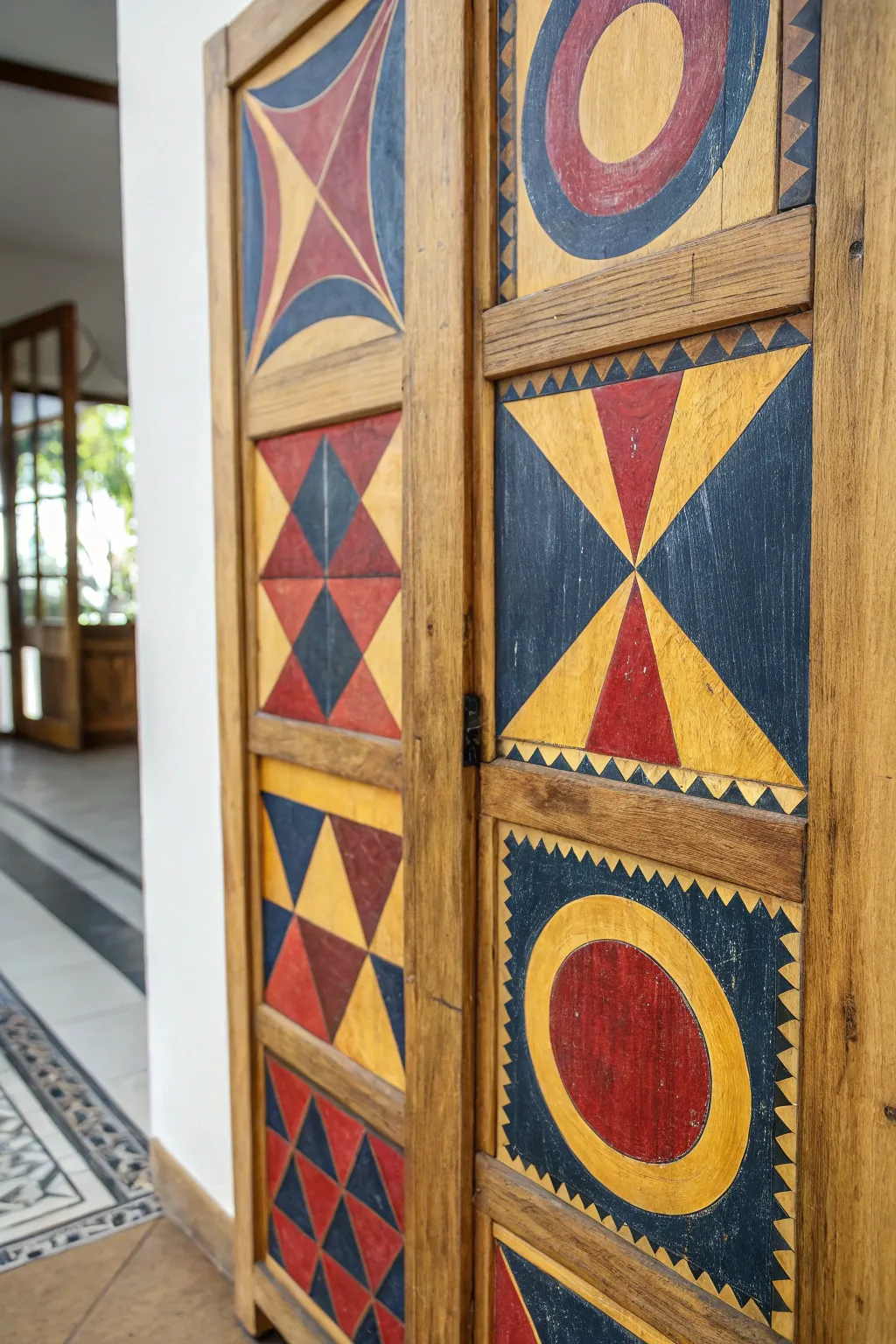 Bold geometry meets craftsmanship: Elevate your space with these striking wood painting ideas.