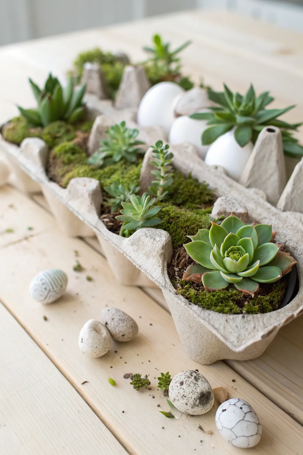 Transform your egg cartons into charming mini succulent planters for a touch of green elegance.