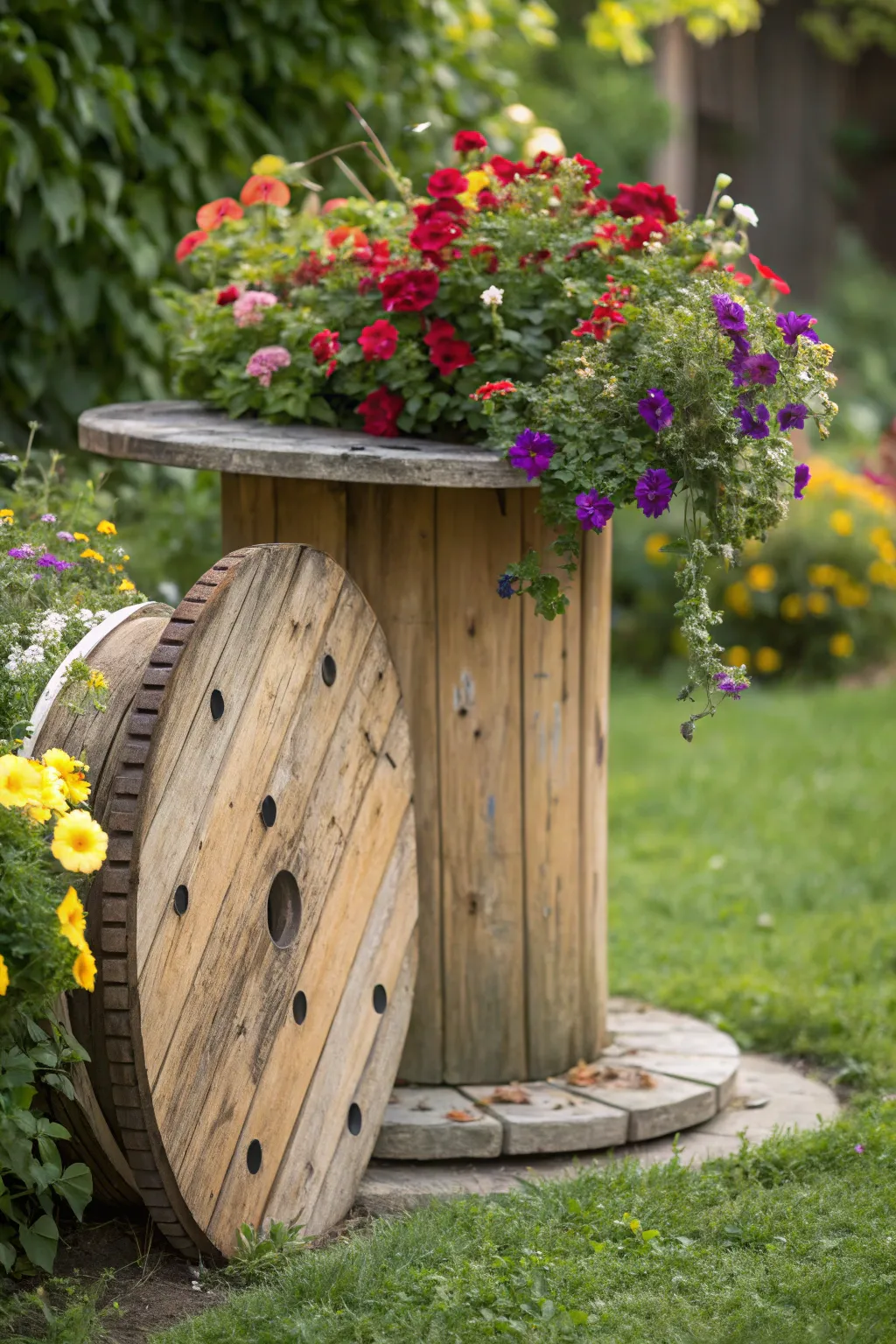 Transform industrial into natural beauty with this rustic spool garden planter.