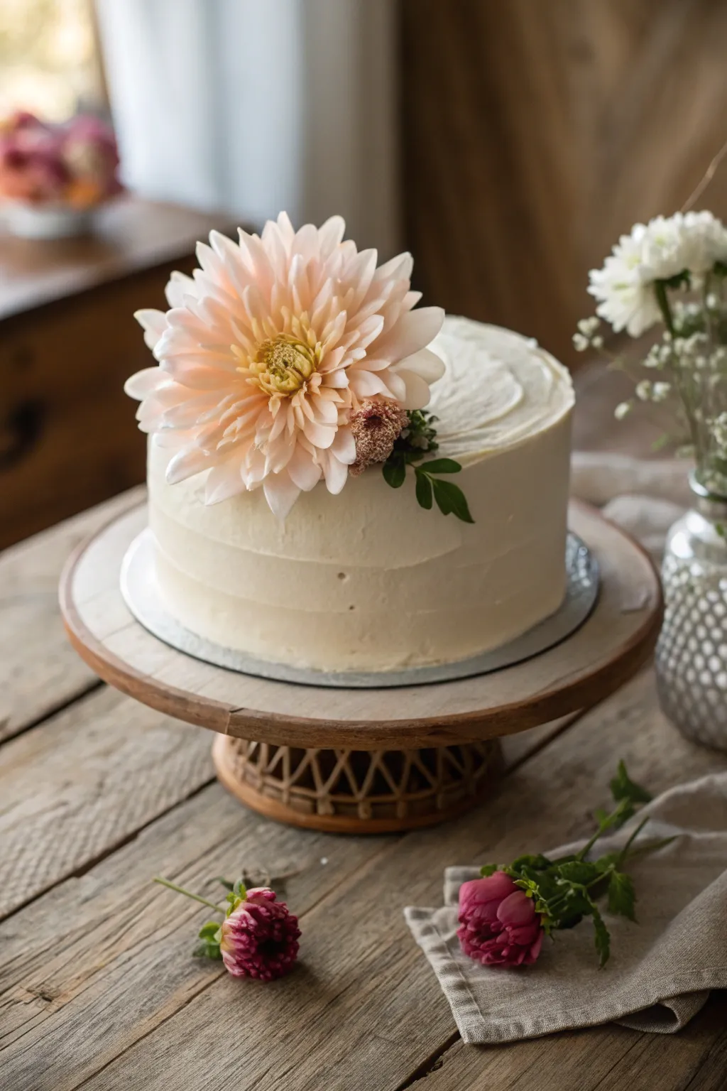 A minimalist cake with a single flower, showcasing understated elegance.