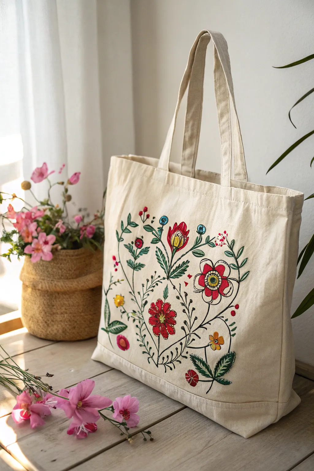 Elevate your style with this beautifully embroidered floral tote, a perfect blend of simplicity and craftsmanship.
