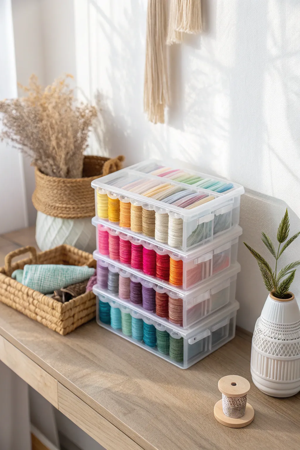 Organize your craft space with a touch of elegance and simplicity. 🌿✨ #EmbroideryStorage #ScandiBohoStyle